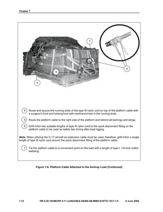 Chapter 7
7-12 FM 4-20.102/MCRP 4-11.3J/NAVSEA SS400-AB-MMO-010/TO 13C7-1-5 8 June 2006
4 Route and secure the running ends of the type III nylon cord on top of the platform cable with
a surgeon's knot and locking knot with overhand knots in the running ends.
5 Route the platform cable to the right side of the platform and behind all lashings and slings.
6 Girth-hitch two suitable lengths of type III nylon cord to the quick disconnect fitting on the
platform cable to be used as safety ties during after-load rigging.
Note. When utilizing the C-17 aircraft an extension cable must be used; therefore; girth-hitch a single
length of type III nylon cord around the quick disconnect fitting of the platform cable.
7 Tie the platform cable to a convenient point on the load with a length of type I, 1/4-inch cotton
webbing.
Figure 7-6. Platform Cable Attached to the Airdrop Load (Continued)
7
6
5
4
 