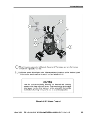Release Assemblies
8 June 2006 FM 4-20.102/MCRP 4-11.3J/NAVSEA SS400-AB-MMO-010/TO 13C7-1-5 8-9
1 Move the upper suspension link back to the center of the release and arm the timer as
indicated in Figures 8-2 and 8-3.
2 Safety the arming wire lanyard to the upper suspension link with a double length of type I,
1/4-inch cotton webbing with a surgeon’s knot and a locking knot.
CAUTION
The end loop of the arming wire may pull free from the crimping
sleeve during parachute deployment. To ensure that the arming wire
disengages from the timer stem, an arming wire safety tie must be
installed on all arming wires prior to use on an airdrop operation.
Figure 8-6. M-1 Release Prepared
6
2
9
10
7
1
8
 