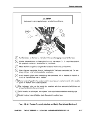 Release Assemblies
8 June 2006 FM 4-20.102/MCRP 4-11.3J/NAVSEA SS400-AB-MMO-010/TO 13C7-1-5 8-13
CAUTION
Make sure the arming wire lanyard is routed over all items.
5 Put the release on the load as instructed in the specific rigging manual for the load.
6 Bolt the riser extensions of three to four G-11B or five to eight G-11C cargo parachutes to
the parachute connectors already fitted to the release.
7 Attach the front suspension slings to the top bolt of the lower suspension link.
8 Attach the rear suspension slings to the lower bolt of the lower suspension link. The rear
slings will have a half twist towards the parachutes.
9 Run a length of type III nylon cord through the connectors, and tie the ends of the cord to
points on the rear of the load or platform.
10 Run a length of type III nylon cord around the lower spacer, and tie the ends of the cord to
points on the front of the load or platform.
11 Tie the lanyard to the carrying handle of a parachute with three alternating half hitches and
an overhand knot in the running end.
12 Fold the slack in the lanyard, and tape the folds in place with one turn of masking tape.
13 Install the drag line and fold the slack. Secure with masking tape.
Figure 8-8. M-2 Release Prepared, Attached, and Safety Tied to Load (Continued)
6
9
11
13
12
510
7
8
 