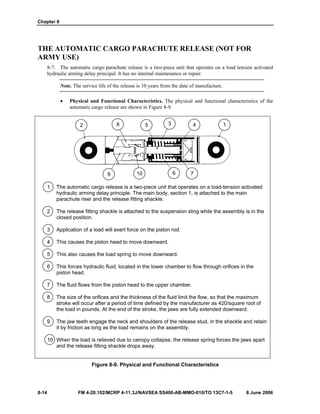 Chapter 8
8-14 FM 4-20.102/MCRP 4-11.3J/NAVSEA SS400-AB-MMO-010/TO 13C7-1-5 8 June 2006
THE AUTOMATIC CARGO PARACHUTE RELEASE (NOT FOR
ARMY USE)
8-7. The automatic cargo parachute release is a two-piece unit that operates on a load tension activated
hydraulic arming delay principal. It has no internal maintenance or repair.
Note. The service life of the release is 10 years from the date of manufacture.
• Physical and Functional Characteristics. The physical and functional characteristics of the
automatic cargo release are shown in Figure 8-9.
1 The automatic cargo release is a two-piece unit that operates on a load-tension activated
hydraulic arming delay principle. The main body, section 1, is attached to the main
parachute riser and the release fitting shackle.
2 The release fitting shackle is attached to the suspension sling while the assembly is in the
closed position.
3 Application of a load will exert force on the piston rod.
4 This causes the piston head to move downward.
5 This also causes the load spring to move downward.
6 This forces hydraulic fluid, located in the lower chamber to flow through orifices in the
piston head.
7 The fluid flows from the piston head to the upper chamber.
8 The size of the orifices and the thickness of the fluid limit the flow, so that the maximum
stroke will occur after a period of time defined by the manufacturer as 420/square root of
the load in pounds. At the end of the stroke, the jaws are fully extended downward.
9 The jaw teeth engage the neck and shoulders of the release stud, in the shackle and retain
it by friction as long as the load remains on the assembly.
10 When the load is relieved due to canopy collapse, the release spring forces the jaws apart
and the release fitting shackle drops away.
Figure 8-9. Physical and Functional Characteristics
9 10 6
14
7
2 8 5 3
 