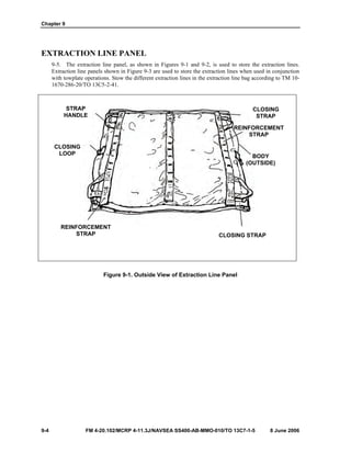 Chapter 9
9-4 FM 4-20.102/MCRP 4-11.3J/NAVSEA SS400-AB-MMO-010/TO 13C7-1-5 8 June 2006
EXTRACTION LINE PANEL
9-5. The extraction line panel, as shown in Figures 9-1 and 9-2, is used to store the extraction lines.
Extraction line panels shown in Figure 9-3 are used to store the extraction lines when used in conjunction
with towplate operations. Stow the different extraction lines in the extraction line bag according to TM 10-
1670-286-20/TO 13C5-2-41.
Figure 9-1. Outside View of Extraction Line Panel
REINFORCEMENT
STRAP CLOSING STRAP
BODY
(OUTSIDE)
CLOSING
STRAP
REINFORCEMENT
STRAP
CLOSING
LOOP
STRAP
HANDLE
 