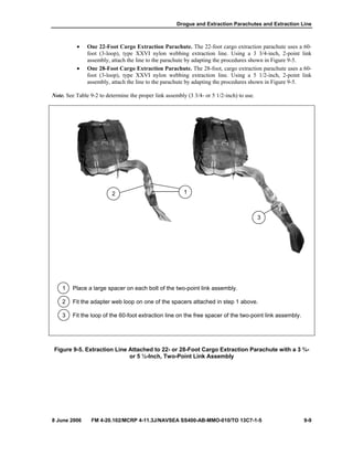 Drogue and Extraction Parachutes and Extraction Line
8 June 2006 FM 4-20.102/MCRP 4-11.3J/NAVSEA SS400-AB-MMO-010/TO 13C7-1-5 9-9
• One 22-Foot Cargo Extraction Parachute. The 22-foot cargo extraction parachute uses a 60-
foot (3-loop), type XXVI nylon webbing extraction line. Using a 3 3/4-inch, 2-point link
assembly, attach the line to the parachute by adapting the procedures shown in Figure 9-5.
• One 28-Foot Cargo Extraction Parachute. The 28-foot, cargo extraction parachute uses a 60-
foot (3-loop), type XXVI nylon webbing extraction line. Using a 5 1/2-inch, 2-point link
assembly, attach the line to the parachute by adapting the procedures shown in Figure 9-5.
Note. See Table 9-2 to determine the proper link assembly (3 3/4- or 5 1/2-inch) to use.
1 Place a large spacer on each bolt of the two-point link assembly.
2 Fit the adapter web loop on one of the spacers attached in step 1 above.
3 Fit the loop of the 60-foot extraction line on the free spacer of the two-point link assembly.
Figure 9-5. Extraction Line Attached to 22- or 28-Foot Cargo Extraction Parachute with a 3 ¾-
or 5 ½-Inch, Two-Point Link Assembly
1
3
2
 