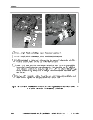 Chapter 9
9-10 FM 4-20.102/MCRP 4-11.3J/NAVSEA SS400-AB-MMO-010/TO 13C7-1-5 8 June 2006
4 Run a length of cloth-backed tape around the adapter web keeper.
5 Run a length of cloth-backed tape around the extraction line keeper.
6 Bolt the side plate to the two-point link assembly. Use a wrench to tighten the nuts. Run a
length of tape around the link and over each nut and bolt end.
7 For a 22-foot cargo extraction parachute, run a length of type I, 1/4-inch cotton webbing
through the top and bottom bag closing loops on the right side of the bag. For a 28-foot
cargo extraction parachute, run a double length of type I, 1/4-inch cotton webbing through
the top and bottom bag closing loops on the right side opposite where the adapter web
exits the bag.
8 Run type I, 1/4-inch cotton webbing through the two-point link assembly, and tie the ends
of the webbing together with a surgeon’s knot and a locking knot.
Figure 9-5. Extraction Line Attached to 22- or 28-Foot Cargo Extraction Parachute with a 3 ¾-
or 5 ½-Inch, Two-Point Link Assembly (Continued)
7
4
6
5
8
 