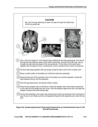 Drogue and Extraction Parachutes and Extraction Line
8 June 2006 FM 4-20.102/MCRP 4-11.3J/NAVSEA SS400-AB-MMO-010/TO 13C7-1-5 9-13
CAUTION
Be sure the bag retaining tie does not pass through the bridle loop
of the top parachute.
9 Use a 103-inch length of 1-inch tubular nylon webbing for the bag retaining tie. Run the tie
through the bag retaining straps of the bottom parachute, through the bridle loop, and up
through the bag retaining straps of the top parachute. Tie the ends of the retaining tie
together with a surgeon’s knot, a locking knot, and an overhand knot in each running end.
10 Tie the bridle loops together with one length of type III nylon cord to form a break cord.
11 Place a cotton buffer on the bottom pin of the four-point link assembly.
12 Place the free end of the extraction line on the bottom pin and the separator. Divide the
plies between the pin and the separator.
13 Fold the bag retaining tie, and tape the folds in place.
14 Place the top adapter web on the left pin. Place the adapter web of the bottom parachute
on the right pin and replace the link cover. Push the keepers against the pins, and tape the
keepers in place with cloth-backed tape.
15 Tie the link assembly to the upper bag closing loops of the top parachute with one length of
type III nylon cord. Make sure the cord passes through the link assembly and under the top
pins.
Figure 9-6. Clustering Extraction Parachutes Clustered for an Initial Extraction from C-130
Aircraft (Continued)
10
9
12
11
15
13
14
 