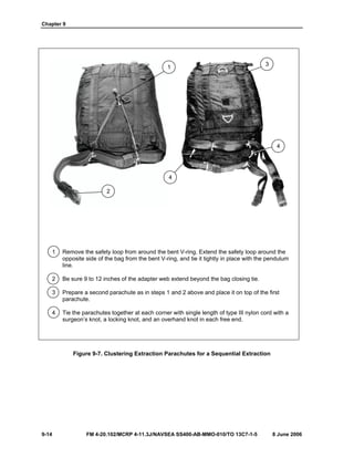 Chapter 9
9-14 FM 4-20.102/MCRP 4-11.3J/NAVSEA SS400-AB-MMO-010/TO 13C7-1-5 8 June 2006
1 Remove the safety loop from around the bent V-ring. Extend the safety loop around the
opposite side of the bag from the bent V-ring, and tie it tightly in place with the pendulum
line.
2 Be sure 9 to 12 inches of the adapter web extend beyond the bag closing tie.
3 Prepare a second parachute as in steps 1 and 2 above and place it on top of the first
parachute.
4 Tie the parachutes together at each corner with single length of type III nylon cord with a
surgeon’s knot, a locking knot, and an overhand knot in each free end.
Figure 9-7. Clustering Extraction Parachutes for a Sequential Extraction
2
4
4
3
1
 