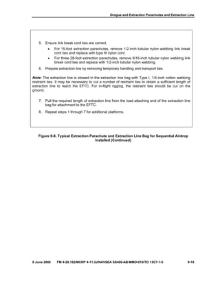Drogue and Extraction Parachutes and Extraction Line
8 June 2006 FM 4-20.102/MCRP 4-11.3J/NAVSEA SS400-AB-MMO-010/TO 13C7-1-5 9-19
5. Ensure link break cord ties are correct.
• For 15-foot extraction parachutes, remove 1/2-inch tubular nylon webbing link break
cord ties and replace with type III nylon cord.
• For three 28-foot extraction parachutes, remove 9/16-inch tubular nylon webbing link
break cord ties and replace with 1/2-inch tubular nylon webbing.
6. Prepare extraction line by removing temporary handling and transport ties.
Note: The extraction line is stowed in the extraction line bag with Type I, 1/4-inch cotton webbing
restraint ties. It may be necessary to cut a number of restraint ties to obtain a sufficient length of
extraction line to reach the EFTC. For in-flight rigging, the restraint ties should be cut on the
ground.
7. Pull the required length of extraction line from the load attaching end of the extraction line
bag for attachment to the EFTC.
8. Repeat steps 1 through 7 for additional platforms.
Figure 9-8. Typical Extraction Parachute and Extraction Line Bag for Sequential Airdrop
Installed (Continued)
 