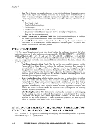 Chapter 10
10-2 FM 4-20.102/MCRP 4-11.3J/NAVSEA SS400-AB-MMO-010/TO 13C7-1-5 8 June 2006
• Data Tag. A data tag is prepared and secured to each platform load near the extraction system.
Entries on the tag are used in making inspections and in finding causes for malfunctions. The
entries are also used to help the loadmaster determine where to place the load in the aircraft. Use
a ballpoint pen or other waterproof marking device to record the following information on the
tag:
Total rigged weight.
Height, including parachutes.
Overall length.
Overhang (specify front, rear, or side of load).
Longitudinal center of balance (measured from the front edge of the platform).
Type and size of extraction system.
• Shipper’s Declaration of Dangerous Goods. This form is prepared and secured on each load
that has any type of hazardous material such as fuel, ammunition, or a battery.
• Center of Balance. In addition to being included on the data tag, the longitudinal center of
balance must also be marked on the platform. The vertical line of the symbol CB is placed at the
center of balance on both sides of the platform.
TYPES OF INSPECTION
10-4. The types of inspections performed on a rigged load are the final rigger inspection, the before-
loading inspection, and the after-loading inspection as required by FM 4-20.102/MCRP 4-11.3J/NAVSEA
SS400-AB-MMO-010/TO 13C7-1-5 and AR 59-4/OPNAVINST 4463.24C/AFJ 13-210(I)/MCO
13480.1B. All rigged low-velocity loads must be inspected at prescribed intervals to make sure that the
loads and the equipment used on the loads are assembled and installed to meet the criteria outlined in the
specific rigging manual.
• Final Rigger Inspection (Shop Final). After the load has been completely rigged, a certified
Transported Force Rigger Inspector performs the final rigger inspection. This inspection is
accomplished before the rigged load leaves the rigging site to make sure it is rigged according to
the specific field manual/technical order for that particular load. This inspection should be
conducted by an inspector other than the rigger supervising the installation of parachutes and
extraction system. It is not necessary to use the DD Form 1748 (Joint Airdrop Inspection Record
[Platforms])-series inspection forms for this inspection.
• Before-Loading Inspection. A before-loading inspection must be performed on a rigged load
before it is loaded into the aircraft. This inspection is conducted jointly by a certified
Transported Force Rigger Joint Airdrop Inspector and a certified Air Force Joint Airdrop
Inspector. The inspectors use the proper joint airdrop inspection record, and both sign the
appropriate blocks to certify correct rigging of the load. When the rigged load is delivered to the
aircraft, the aircraft loadmaster checks the inspection form for completion and necessary
signatures before accepting the load.
• After Loading Inspection. After the loadmaster completes the loading and in-aircraft rigging,
the after-loading inspection is performed. This inspection is conducted jointly by a certified
Transported Force Rigger Joint Airdrop Inspector and a certified Air Force Joint Airdrop
Inspector, and the aircrew loadmaster. After the inspection is completed, the three inspectors
certify, by signing the form, that the load is ready to airdrop.
EMERGENCY AFT RESTRAINT REQUIREMENTS FOR PLATFORM-
EXTRACTED LOADS RIGGED ON A TYPE V PLATFORM
10-5. Use Table 10-1 as a guide for determining the emergency aft restraint requirements for platform-
extracted loads rigged on a type V platform.
 