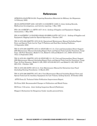 8 June 2006 FM 4-20.102/MCRP 4-11.3J/NAVSEA SS400-AB-MMO-010/TO 13C7-1-5 References-1
References
AFMAN/24-204(I)/TM 38-250. Preparing Hazardous Materials for Military Air Shipments.
14 February 2002.
AR 59-4/OPNAVINST 4630. 24C/AFJ 13-210(I)/MCO 13480.13, Joint Airdrop Records,
Malfunction Investigations, and Activity reporting. 1 May 1998
FM 4-20.153/MCRP 4-11.3B/TO 13C7-18-41. Airdrop of Supplies and Equipment: Rigging
Ammunition. 1 May 2004
FM 10-542/FMFM 7-51/NAVSEA SS400-AD-MMO-010/TO 13C7-51-21. Airdrop of Supplies and
Equipment: Rigging Loads for Special Operations. 7 October 1987
TM 10-1670-268-20&P/TO 13C5-52-22, Operational Maintenance Manual Including Repair
Parts and Special Tools List for Type V Platform and Dual Row Airdrop Platforms.
15 September 2002
TM 10-1670-280-23&P/TO 13C5-31-2/NAVAIR 13-1-31. Unit and Intermediate Direct Support
(DS) Maintenance Manual (Including Repair Parts and Special Tools List) for Parachute, Cargo
Type: 100-Foot Diameter, Model G-11A, Model G-11B and Model G-11C, (NSN 1670-01-016-
7841) 15 September 2002
TM 10-1670-281-23&P/TO 13C5-32-2/NAVAIR 13-1-32. Unit and Intermediate Direct Support
(DS) Maintenance Manual (Including Repair Parts and Special Tools List) for Parachute, Cargo
Type: 64-Foot Diameter, Model G-12D, NSN 1670-00-893-2371 and Model G-12E, NSN 1670-
065-3755. 1 October 1990
TM 10-1670-286-20/TO 13C5-2-41. Unit Maintenance Manual for Extraction Line Panel
(Including Stowing Procedures). 15 March 2001
TM 10-1670-296-20&P/TO 13C7-49-2. Unit Maintenance Manual Including Repair Parts and
Special Tools List for Ancillary Equipment for Low Velocity Airdrop System. 30 October 2002
AFTO Form 22. Technical Order Publication Improvement Report.
DA Form 2028. Recommended Changes to Publication and Blank Forms.
DD Form 1748-series. Joint Airdrop Inspection Record (Platforms).
Shipper’s Declaration for Dangerous Goods. Locally procured form.
 