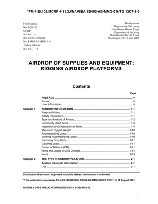 *FM 4-20.102/MCRP 4-11.3J/NAVSEA SS400-AB-MMO-010/TO 13C7-1-5
Distribution Restriction: Approved for public release; distribution is unlimited.
*This publication supersedes FM 4-20.102/NAVSEA SS400-AB-MMO-010/TO 13C7-1-5, 22 August 2001.
MARINE CORPS PUBLICATION NUMBER PCN 144 000163 00.
i
Field Manual
No. 4-20.102
MCRP
No. 4-11.3J
Naval Sea Command
No. SS400-AB-MMO-010
Technical Order
No. 13C7-1-5
Headquarters
Department of the Army
United States Marine Corps
Department of the Navy
Department of the Air Force
Washington, DC, 8 June 2006
AIRDROP OF SUPPLIES AND EQUIPMENT:
RIGGING AIRDROP PLATFORMS
Contents
Page
PREFACE .............................................................................................................iv
Scope.....................................................................................................................iv
User Information....................................................................................................iv
Chapter 1 AIRDROP INFORMATION ................................................................................ 1-1
Responsibilities................................................................................................... 1-1
Safety Precautions ............................................................................................. 1-1
Type and Method of Airdrop............................................................................... 1-2
Commonly Used Items ....................................................................................... 1-3
Inspection and Description of Items ................................................................... 1-4
Maximum Rigged Weight ................................................................................. 1-10
Accompanying Loads ....................................................................................... 1-10
Stowing Accompanying Loads ......................................................................... 1-10
Preparing Drop Items ....................................................................................... 1-11
Covering Load .................................................................................................. 1-11
Center of Balance (CB) .................................................................................... 1-11
Items and Loads in Cold Climates.................................................................... 1-14
Knots................................................................................................................. 1-15
Chapter 2 THE TYPE V AIRDROP PLATFORM................................................................ 2-1
Section I-General Information......................................................................... 2-1
Use ..................................................................................................................... 2-1
 