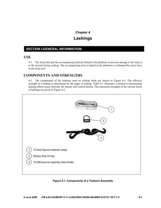 8 June 2006 FM 4-20.102/MCRP 4-11.3J/NAVSEA SS400-AB-MMO-010/TO 13C7-1-5 4-1
Chapter 4
Lashings
SECTION I-GENERAL INFORMATION
USE
4-1. The drop item and the accompanying load are lashed to the platform to prevent damage to the load or
to the aircraft during airdrop. The accompanying load is lashed to the platform to withstand the same force
as the drop item.
COMPONENTS AND STRENGTHS
4-2. The components of the lashings used on airdrop loads are shown in Figure 4-1. The effective
strength of a lashing is determined by the angle of lashing. Table 4-1 illustrates a method of determining
lashing effectiveness forward, aft, lateral, and vertical thrusts. The maximum strengths of the various forms
of lashings are given in Figure 4-2.
1 15-foot Dacron tiedown strap
2 Heavy-duty D-ring
3 10,000-pound-capacity load binder
Figure 4-1. Components of a Tiedown Assembly
1
2
3
 