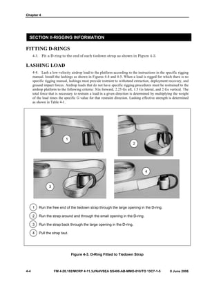 Chapter 4
4-4 FM 4-20.102/MCRP 4-11.3J/NAVSEA SS400-AB-MMO-010/TO 13C7-1-5 8 June 2006
SECTION II-RIGGING INFORMATION
FITTING D-RINGS
4-3. Fit a D-ring to the end of each tiedown strap as shown in Figure 4-3.
LASHING LOAD
4-4. Lash a low-velocity airdrop load to the platform according to the instructions in the specific rigging
manual. Install the lashings as shown in Figures 4-4 and 4-5. When a load is rigged for which there is no
specific rigging manual, lashings must provide restraint to withstand extraction, deployment recovery, and
ground impact forces. Airdrop loads that do not have specific rigging procedures must be restrained to the
airdrop platform to the following criteria: 3Gs forward, 2.25 Gs aft, 1.5 Gs lateral, and 2 Gs vertical. The
total force that is necessary to restrain a load in a given direction is determined by multiplying the weight
of the load times the specific G value for that restraint direction. Lashing effective strength is determined
as shown in Table 4-1.
1 Run the free end of the tiedown strap through the large opening in the D-ring.
2 Run the strap around and through the small opening in the D-ring.
3 Run the strap back through the large opening in the D-ring.
4 Pull the strap taut.
Figure 4-3. D-Ring Fitted to Tiedown Strap
2
3
4
1
 