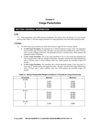 8 June 2006 FM 4-20.102/MCRP 4-11.3J/NAVSEA SS400-AB-MMO-010/TO 13C7-1-5 5-1
Chapter 5
Cargo Parachutes
SECTION I-GENERAL INFORMATION
USE
5-1. Cargo parachutes, also called recovery parachutes, are used to slow the descent of a low-velocity
platform load. Table 5-1 lists the weight limitations for cargo parachutes used with airdrop platform loads.
TYPES
5-2. The following cargo parachutes are used when loads are rigged for low-velocity airdrop.
• G-11B Cargo Parachute. The parachute has a 100-foot-diameter canopy. It has 120 suspension
lines (35-foot, type III nylon cord). The apex vent lines have been pulled down with a 95-foot,
type V nylon webbing center line. The parachute has four 2-second cutters. When packed, the
assembly weighs 250 pounds.
• G-11C Cargo Parachute. This is the same parachute as the G-11B except this parachute has
two 2-second cutters with two reusable reefing lines. The apex vent lines have been pulled down
with a 100-foot, type V nylon webbing center line. When packed, the assembly weighs 250
pounds.
• G-12E Cargo Parachute. This parachute has a 64-foot-diameter canopy. It has sixty-four 51-
foot, type IV braided nylon cord suspension lines. The apex vent lines have been pulled down
with a 55-foot, type V nylon webbing center line. When packed, the assembly weighs 125
pounds.
Table 5-1. General Suspended Weight Limitations in Pounds for Cargo Parachutes
Parachutes Minimum Maximum
G-11B
1
2
3
4
2,270
5,001
10,001
15,001
5,000
10,000
15,000
20,000
G-11C
5
6
7
8
20,001
25,001
30,001
35,001
25,000
30,000
35,000
40,000
G-11E
2 2,270 3,500
 