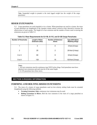 Chapter 5
5-2 FM 4-20.102/MCRP 4-11.3J/NAVSEA SS400-AB-MMO-010/TO 13C7-1-5 8 June 2006
Note. Suspended weight in pounds is the total rigged weight less the weight of the cargo
parachutes.
RISER EXTENSIONS
5-3. Cargo parachutes are used singularly or in a cluster. When parachutes are used in a cluster, the risers
of each parachute are lengthened so the canopies remain almost vertical as they descend to increase the
effectiveness of each canopy. The length of a riser extension and the number of stows used in stowing the
extensions are given in Table 5-2.
Table 5-2. Riser Requirements for G-11B, G-11C, and G-12E Cargo Parachutes
Number of Parachutes Length of Riser
Extension (feet)
Number of Extension
Stows
Type XXVI Nylon
Webbing Slings
1
2
3 or 4
5 to 8
3
20
60
120
0
2
8
16
3-foot (2-loop)
20-foot (2-loop)
6-foot (3-loop)
120-foot (2-loop)
Notes.
1. All riser extensions must be continuous type XXVI nylon slings. Each parachute must have
identical riser extensions and each must be of the same length.
2. G-12E parachutes have three stows.
SECTION II-RIGGING INFORMATION
FORMING AND BOLTING RISER EXTENSIONS
5-4. The risers of a cluster of cargo parachutes used on low-velocity airdrop loads must be extended
(lengthened) using the following methods.
• Forming Extensions. Only continuous riser extensions may be used.
• Bolting Extensions to Risers. Bolt the riser extension to the risers of a cargo parachute as
shown in Figure 5-1.
 