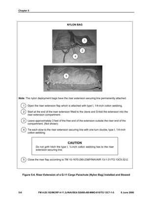 Chapter 5
5-6 FM 4-20.102/MCRP 4-11.3J/NAVSEA SS400-AB-MMO-010/TO 13C7-1-5 8 June 2006
NYLON BAG
Note. The nylon deployment bags have the riser extension securing line permanently attached.
1 Open the riser extension flap which is attached with type I, 1/4-inch cotton webbing.
2 Start at the end of the riser extension fitted to the clevis and S-fold the extension into the
riser extension compartment.
3 Leave approximately 3 feet of the free end of the extension outside the riser end of the
compartment. (Not shown)
4 Tie each stow to the riser extension securing line with one turn double, type I, 1/4-inch
cotton webbing.
CAUTION
Do not girth hitch the type I, ¼-inch cotton webbing ties to the riser
extension securing line.
5 Close the riser flap according to TM 10-1670-280-23&P/NAVAIR 13-1-31/TO 13C5-32-2.
Figure 5-4. Riser Extension of a G-11 Cargo Parachute (Nylon Bag) Installed and Stowed
2
4
1
5
 