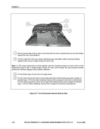 Chapter 5
5-10 FM 4-20.102/MCRP 4-11.3J/NAVSEA SS400-AB-MMO-010/TO 13C7-1-5 8 June 2006
1 Set two parachutes side by side on the load with the riser compartments up and the bridles
toward the rear of the platform.
2 Tie the inside front and rear cluster attaching loops (hereafter called carrying handles)
together with one turn single of type III nylon cord.
Note. G-12E cargo parachutes are tied together with the clustering straps on each corner of the
deployment bag or with a single length of type III nylon cord through the bag carrying handles
unless the individual rigging manual states otherwise.
3 Fit the bridle loops on the arms of a large clevis.
4 For the nylon bag tie the clevis to the right parachute restraint strap loop with a length of
doubled type I, 1/4-inch cotton webbing. Secure with a surgeon’s knot and a locking knot.
For the cotton bag tie the clevis to the right bridle attaching loop with a length of doubled
type I, 1/4-inch cotton webbing. Secure with a surgeon’s knot and a locking knot.
Figure 5-7. Two Parachutes Stowed Side by Side
2
1
4
3
 