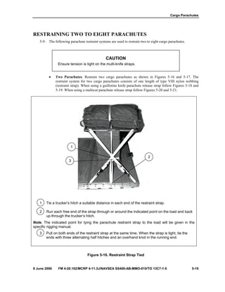 Cargo Parachutes
8 June 2006 FM 4-20.102/MCRP 4-11.3J/NAVSEA SS400-AB-MMO-010/TO 13C7-1-5 5-19
RESTRAINING TWO TO EIGHT PARACHUTES
5-9. The following parachute restraint systems are used to restrain two to eight cargo parachutes.
CAUTION
Ensure tension is tight on the multi-knife straps.
• Two Parachutes. Restrain two cargo parachutes as shown in Figures 5-16 and 5-17. The
restraint system for two cargo parachutes consists of one length of type VIII nylon webbing
(restraint strap). When using a guillotine knife parachute release strap follow Figures 5-18 and
5-19. When using a multicut parachute release strap follow Figures 5-20 and 5-21.
1 Tie a trucker’s hitch a suitable distance in each end of the restraint strap.
2 Run each free end of the strap through or around the indicated point on the load and back
up through the trucker’s hitch.
Note. The indicated point for tying the parachute restraint strap to the load will be given in the
specific rigging manual.
3 Pull on both ends of the restraint strap at the same time. When the strap is tight, tie the
ends with three alternating half hitches and an overhand knot in the running end.
Figure 5-16. Restraint Strap Tied
1
3
2
 