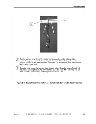 Cargo Parachutes
8 June 2006 FM 4-20.102/MCRP 4-11.3J/NAVSEA SS400-AB-MMO-010/TO 13C7-1-5 5-21
1 Run the restraint strap through the center carrying handles on the left side of the
parachutes, up and across the top of the parachutes, and down through the center
carrying handles on the right side of the parachutes. Tie the restraint strap to the load as
described in Figure 5-16.
2 Close the knife around the restraint strap, knurled nut up. Thread a length of type I, 1/4-
inch cotton webbing through the safety tie hole. Even the ends of the webbing, and run
them under the restraint strap, and alongside the release knife.
Figure 5-18. Single-knife Parachute Release Strap Installed on Two Stacked Parachutes
1
2
 