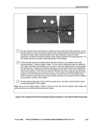 Cargo Parachutes
8 June 2006 FM 4-20.102/MCRP 4-11.3J/NAVSEA SS400-AB-MMO-010/TO 13C7-1-5 5-23
1 Run the restraint strap up through the outside carrying handle of the left parachute, across
the left parachute, down through the inside center carrying handle of the left parachute, up
through the inside center carrying handle of the right parachute, across the right
parachute, and down through the outside center carrying handle of the right parachute. Tie
the restraint strap to the load as described earlier in this chapter.
2 Close the knife around the restraint strap with the knurled nut up, between the inside
carrying handles. Thread a length of type I, 1/4-inch cotton webbing through the safety tie
hole. Even the ends of the webbing, and run them under the restraint strap, and alongside
the release knife. Thread the end of the webbing on the left of the knife to the right behind
the bar of the knife. Thread the other end of webbing to the left in a like manner. Bring the
ends of the webbing up over the top of the bar. Tie the ends of the webbing together with a
surgeon’s knot and locking knot as shown earlier. Run the free end of the release strap
down through the large clevis grouping the bridles and back up through the friction adapter
as described in earlier in this chapter.
3 Pull the release strap tight. Fold or roll the excess strap, and tape or tie the folds in place
as described earlier in this chapter.
Note. Be sure the release strap is tight so that the knife will cut the restraint strap before the
extraction force is transferred to the parachute bridles.
Figure 5-19. Single-Knife Parachute Release Strap Installed on Two Side-by-Side Parachutes
3
1
2
 