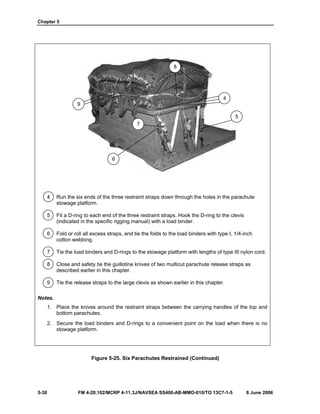 Chapter 5
5-30 FM 4-20.102/MCRP 4-11.3J/NAVSEA SS400-AB-MMO-010/TO 13C7-1-5 8 June 2006
4 Run the six ends of the three restraint straps down through the holes in the parachute
stowage platform.
5 Fit a D-ring to each end of the three restraint straps. Hook the D-ring to the clevis
(indicated in the specific rigging manual) with a load binder.
6 Fold or roll all excess straps, and tie the folds to the load binders with type I, 1/4-inch
cotton webbing.
7 Tie the load binders and D-rings to the stowage platform with lengths of type III nylon cord.
8 Close and safety tie the guillotine knives of two multicut parachute release straps as
described earlier in this chapter.
9 Tie the release straps to the large clevis as shown earlier in this chapter.
Notes.
1. Place the knives around the restraint straps between the carrying handles of the top and
bottom parachutes.
2. Secure the load binders and D-rings to a convenient point on the load when there is no
stowage platform.
Figure 5-25. Six Parachutes Restrained (Continued)
4
5
6
7
8
9
 