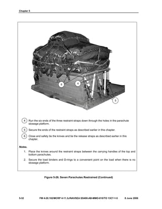 Chapter 5
5-32 FM 4-20.102/MCRP 4-11.3J/NAVSEA SS400-AB-MMO-010/TO 13C7-1-5 8 June 2006
4 Run the six ends of the three restraint straps down through the holes in the parachute
stowage platform.
5 Secure the ends of the restraint straps as described earlier in this chapter.
6 Close and safety tie the knives and tie the release straps as described earlier in this
chapter.
Notes.
1. Place the knives around the restraint straps between the carrying handles of the top and
bottom parachutes.
2. Secure the load binders and D-rings to a convenient point on the load when there is no
stowage platform.
Figure 5-26. Seven Parachutes Restrained (Continued)
6 4
5
 