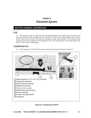 8 June 2006 FM 4-20.102/MCRP 4-11.3J/NAVSEA SS400-AB-MMO-010/TO 13C7-1-5 6-1
Chapter 6
Extraction System
SECTION I-GENERAL INFORMATION
USE
6-1. The extraction system is made up of the extraction parachute, the extraction lines, line panels, and
the extraction force transfer coupling (EFTC). The EFTC is bolted to the airdrop platform and is used to
pull the load from the aircraft. The load exits through the cargo ramp and door of the aircraft and the
extraction force is then transferred to the deployment line of the cargo parachute. The weight range of the
EFTC is from 2,520 to 42,000 pounds.
COMPONENTS
6-2. The components of the EFTC used on low-velocity airdrop loads are shown in Figure 6-1.
1 Cable assembly (12-, 16-, 20-, 24-, or 28-foot)
2 Coupling link assembly
3 Latch connector assembly
4 Adapter link assembly
5 Adapter link assembly
6 Quick-release pins (pip pins)
7 Actuator assembly
8 Actuator mounting bracket
9 Locking pin
Figure 6-1. Components of EFTC
4
5
3
2
1
7
9
8
 