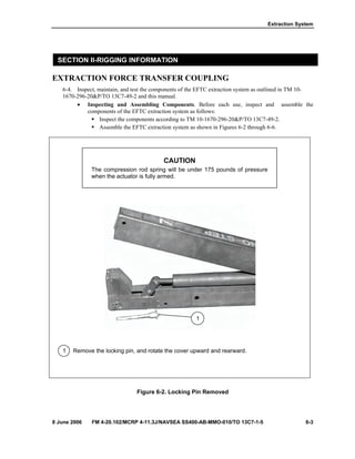Extraction System
8 June 2006 FM 4-20.102/MCRP 4-11.3J/NAVSEA SS400-AB-MMO-010/TO 13C7-1-5 6-3
SECTION II-RIGGING INFORMATION
EXTRACTION FORCE TRANSFER COUPLING
6-4. Inspect, maintain, and test the components of the EFTC extraction system as outlined in TM 10-
1670-296-20&P/TO 13C7-49-2 and this manual.
• Inspecting and Assembling Components. Before each use, inspect and assemble the
components of the EFTC extraction system as follows:
Inspect the components according to TM 10-1670-296-20&P/TO 13C7-49-2.
Assemble the EFTC extraction system as shown in Figures 6-2 through 6-6.
CAUTION
The compression rod spring will be under 175 pounds of pressure
when the actuator is fully armed.
1 Remove the locking pin, and rotate the cover upward and rearward.
Figure 6-2. Locking Pin Removed
1
 