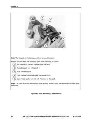 Chapter 6
6-6 FM 4-20.102/MCRP 4-11.3J/NAVSEA SS400-AB-MMO-010/TO 13C7-1-5 8 June 2006
Note. The top plate of the latch assembly is removed for clarity.
Reseat the cam of the link assembly in the latch assembly as follows:
1 Set the edge of the cam in place within the latch.
2 Repeat steps 3 and 4, Figure 6-4.
3 Push cam into place.
4 Push the lock link up to engage the retainer hook.
5 Align the dot on the lock link with the arrow on the catch.
Note. The cam of the link assembly is now properly seated under the retainer hook of the latch
assembly.
Figure 6-5. Link Assembly Cam Reseated
3
1
4
5
2
 