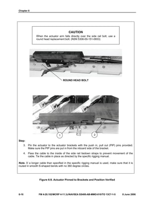 Chapter 6
6-10 FM 4-20.102/MCRP 4-11.3J/NAVSEA SS400-AB-MMO-010/TO 13C7-1-5 8 June 2006
CAUTION
When the actuator arm falls directly over the side rail bolt, use a
round head replacement bolt. (NSN 5306-00-151-0653)
ROUND HEAD BOLT
Step:
3. Pin the actuator to the actuator brackets with the push in, pull out (PIP) pins provided.
Make sure the PIP pins are put in from the inboard side of the bracket.
4. Pass the cable to the inside of the side rail tiedown straps to prevent movement of the
cable. Tie the cable in place as directed by the specific rigging manual.
Note. If a longer cable than specified in the specific rigging manual is used, make sure that it is
routed in smooth S-shaped bends with no 360 degree circles.
Figure 6-9. Actuator Pinned to Brackets and Position Verified
1 2
 