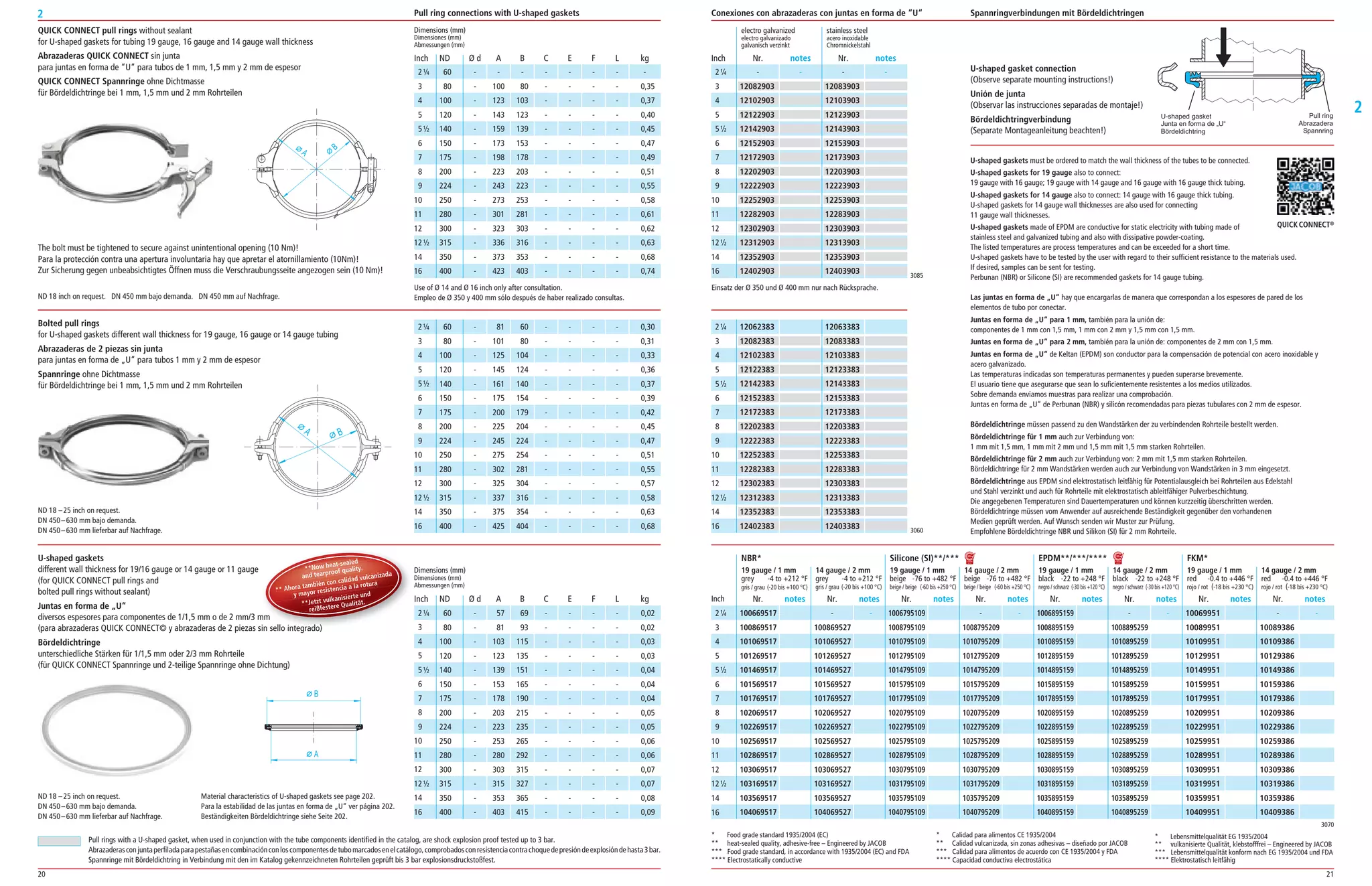 20 21
2
2
2¼
3
4
5
5½
6
7
8
9
10
11
12
12½
14
16
­ ­
12083903
12103903
12123903
12143903
12153903
12173903
12203903
12223903
12253903
12283903
12303903
12313903
12353903
12403903
­ ­
12082903
12102903
12122903
12142903
12152903
12172903
12202903
12222903
12252903
12282903
12302903
12312903
12352903
12402903
12063383
12083383
12103383
12123383
12143383
12153383
12173383
12203383
12223383
12253383
12283383
12303383
12313383
12353383
12403383
12062383
12082383
12102383
12122383
12142383
12152383
12172383
12202383
12222383
12252383
12282383
12302383
12312383
12352383
12402383
2¼
3
4
5
5½
6
7
8
9
10
11
12
12½
14
16
U-shaped gaskets must be ordered to match the wall thickness of the tubes to be connected.
U-shaped gaskets for 19 gauge also to connect:
19 gauge with 16 gauge; 19 gauge with 14 gauge and 16 gauge with 16 gauge thick tubing.
U-shaped gaskets for 14 gauge also to connect: 14 gauge with 16 gauge thick tubing.
U­shaped gaskets for 14 gauge wall thicknesses are also used for connecting
11 gauge wall thicknesses.
U-shaped gaskets made of EPDM are conductive for static electricity with tubing made of
stainless steel and galvanized tubing and also with dissipative powder­coating.
The listed temperatures are process temperatures and can be exceeded for a short time.
U­shaped gaskets have to be tested by the user with regard to their sufficient resistance to the materials used.
If desired, samples can be sent for testing.
Perbunan (NBR) or Silicone (SI) are recommended gaskets for 14 gauge tubing.
Las juntas en forma de „U“ hay que encargarlas de manera que correspondan a los espesores de pared de los
elementos de tubo por conectar.
Juntas en forma de „U“ para 1 mm, también para la unión de:
componentes de 1 mm con 1,5 mm, 1 mm con 2 mm y 1,5 mm con 1,5 mm.
Juntas en forma de „U“ para 2 mm, también para la unión de: componentes de 2 mm con 1,5 mm.
Juntas en forma de „U“ de Keltan (EPDM) son conductor para la compensación de potencial con acero inoxidable y
acero galvanizado.
Las temperaturas indicadas son temperaturas permanentes y pueden superarse brevemente.
El usuario tiene que asegurarse que sean lo suficientemente resistentes a los medios utilizados.
Sobre demanda enviamos muestras para realizar una comprobación.
Juntas en forma de „U“ de Perbunan (NBR) y silicón recomendadas para piezas tubulares con 2 mm de espesor.
Bördeldichtringe müssen passend zu den Wandstärken der zu verbindenden Rohrteile bestellt werden.
Bördeldichtringe für 1 mm auch zur Verbindung von:
1 mm mit 1,5 mm, 1 mm mit 2 mm und 1,5 mm mit 1,5 mm starken Rohrteilen.
Bördeldichtringe für 2 mm auch zur Verbindung von: 2 mm mit 1,5 mm starken Rohrteilen.
Bördeldichtringe für 2 mm Wandstärken werden auch zur Verbindung von Wandstärken in 3 mm eingesetzt.
Bördeldichtringe aus EPDM sind elektrostatisch leitfähig für Potentialausgleich bei Rohrteilen aus Edelstahl
und Stahl verzinkt und auch für Rohrteile mit elektrostatisch ableitfähiger Pulverbeschichtung.
Die angegebenen Temperaturen sind Dauertemperaturen und können kurzzeitig überschritten werden.
Bördeldichtringe müssen vom Anwender auf ausreichende Beständigkeit gegenüber den vorhandenen
Medien geprüft werden. Auf Wunsch senden wir Muster zur Prüfung.
Empfohlene Bördeldichtringe NBR und Silikon (SI) für 2 mm Rohrteile.
U-shaped gasket connection
(Observe separate mounting instructions!)
Unión de junta
(Observar las instrucciones separadas de montaje!)
Bördeldichtringverbindung
(Separate Montageanleitung beachten!)
electro galvanized stainless steel
electro galvanizado acero inoxidable
galvanisch verzinkt Chromnickelstahl
Nr. notes Nr. notesInch
3085
3060
Conexiones con abrazaderas con juntas en forma de “U“ Spannringverbindungen mit Bördeldichtringen
QUICK CONNECT pull rings without sealant
for U­shaped gaskets for tubing 19 gauge, 16 gauge and 14 gauge wall thickness
Abrazaderas QUICK CONNECT sin junta
para juntas en forma de “U“ para tubos de 1 mm, 1,5 mm y 2 mm de espesor
QUICK CONNECT Spannringe ohne Dichtmasse
für Bördeldichtringe bei 1 mm, 1,5 mm und 2 mm Rohrteilen
The bolt must be tightened to secure against unintentional opening (10 Nm)!
Para la protección contra una apertura involuntaria hay que apretar el atornillamiento (10Nm)!
Zur Sicherung gegen unbeabsichtigtes Öffnen muss die Verschraubungsseite angezogen sein (10 Nm)!
ND 18 inch on request. DN 450 mm bajo demanda. DN 450 mm auf Nachfrage.
ND 18 –25 inch on request.
DN 450–630 mm bajo demanda.
DN 450–630 mm lieferbar auf Nachfrage.
ND 18 –25 inch on request.
DN 450–630 mm bajo demanda.
DN 450–630 mm lieferbar auf Nachfrage.
Material characteristics of U­shaped gaskets see page 202.
Para la estabilidad de las juntas en forma de „U“ ver página 202.
Beständigkeiten Bördeldichtringe siehe Seite 202.
Use of Ø 14 and Ø 16 inch only after consultation.
Empleo de Ø 350 y 400 mm sólo después de haber realizado consultas.
Einsatz der Ø 350 und Ø 400 mm nur nach Rücksprache.
Dimensions (mm)
Dimensiones (mm)
Abmessungen (mm)
ND Ø d A B C E F L kg
Pull ring connections with U-shaped gaskets
Bolted pull rings
for U­shaped gaskets different wall thickness for 19 gauge, 16 gauge or 14 gauge tubing
Abrazaderas de 2 piezas sin junta
para juntas en forma de „U“ para tubos 1 mm y 2 mm de espesor
Spannringe ohne Dichtmasse
für Bördeldichtringe bei 1 mm, 1,5 mm und 2 mm Rohrteilen
Pull rings with a U­shaped gasket, when used in conjunction with the tube components identified in the catalog, are shock explosion proof tested up to 3 bar.
Abrazaderasconjuntaperfiladaparapestañasencombinaciónconloscomponentesdetubomarcadosenelcatálogo,comprobadosconresistenciacontrachoquedepresióndeexplosióndehasta3bar.
Spannringe mit Bördeldichtring in Verbindung mit den im Katalog gekennzeichneten Rohrteilen geprüft bis 3 bar explosionsdruckstoßfest.
100669517
100869517
101069517
101269517
101469517
101569517
101769517
102069517
102269517
102569517
102869517
103069517
103169517
103569517
104069517
­ ­
100869527
101069527
101269527
101469527
101569527
101769527
102069527
102269527
102569527
102869527
103069527
103169527
103569527
104069527
1006795109
1008795109
1010795109
1012795109
1014795109
1015795109
1017795109
1020795109
1022795109
1025795109
1028795109
1030795109
1031795109
1035795109
1040795109
­ ­
1008795209
1010795209
1012795209
1014795209
1015795209
1017795209
1020795209
1022795209
1025795209
1028795209
1030795209
1031795209
1035795209
1040795209
1006895159
1008895159
1010895159
1012895159
1014895159
1015895159
1017895159
1020895159
1022895159
1025895159
1028895159
1030895159
1031895159
1035895159
1040895159
­ ­
1008895259
1010895259
1012895259
1014895259
1015895259
1017895259
1020895259
1022895259
1025895259
1028895259
1030895259
1031895259
1035895259
1040895259
10069951
10089951
10109951
10129951
10149951
10159951
10179951
10209951
10229951
10259951
10289951
10309951
10319951
10359951
10409951
­ ­
10089386
10109386
10129386
10149386
10159386
10179386
10209386
10229386
10259386
10289386
10309386
10319386
10359386
10409386
2¼
3
4
5
5½
6
7
8
9
10
11
12
12½
14
16
Inch
3070
19 gauge / 1 mm
grey ­4 to +212 °F
gris / grau (­20 bis +100 °C)
NBR* Silicone (SI)**/*** EPDM**/***/**** FKM*
19 gauge / 1 mm
beige ­76 to +482 °F
beige / beige (­60 bis +250 °C)
14 gauge / 2 mm
grey ­4 to +212 °F
gris / grau (­20 bis +100 °C)
14 gauge / 2 mm
beige ­76 to +482 °F
beige / beige (­60 bis +250 °C)
19 gauge / 1 mm
black ­22 to +248 °F
negro / schwarz (­30 bis +120 °C)
14 gauge / 2 mm
black ­22 to +248 °F
negro / schwarz (­30 bis +120 °C)
19 gauge / 1 mm
red ­0.4 to +446 °F
rojo / rot (­18 bis +230 °C)
14 gauge / 2 mm
red ­0.4 to +446 °F
rojo / rot (­18 bis +230 °C)
Nr. notesNr. notesNr. notesNr. notes Nr. notes Nr. notes Nr. notes Nr. notes
* Lebensmittelqualität EG 1935/2004
** vulkanisierte Qualität, klebstofffrei – Engineered by JACOB
*** Lebensmittelqualität konform nach EG 1935/2004 und FDA
**** Elektrostatisch leitfähig
* Food grade standard 1935/2004 (EC)
** heat­sealed quality, adhesive­free – Engineered by JACOB
*** Food grade standard, in accordance with 1935/2004 (EC) and FDA
**** Electrostatically conductive
* Calidad para alimentos CE 1935/2004
** Calidad vulcanizada, sin zonas adhesivas – diseñado por JACOB
*** Calidad para alimentos de acuerdo con CE 1935/2004 y FDA
**** Capacidad conductiva electrostática
Dimensions (mm)
Dimensiones (mm)
Abmessungen (mm)
ND Ø d A B C E F L kg
B
A
U-shaped gaskets
different wall thickness for 19/16 gauge or 14 gauge or 11 gauge
(for QUICK CONNECT pull rings and
bolted pull rings without sealant)
Juntas en forma de „U“
diversos espesores para componentes de 1/1,5 mm o de 2 mm/3 mm
(para abrazaderas QUICK CONNECT© y abrazaderas de 2 piezas sin sello integrado)
Bördeldichtringe
unterschiedliche Stärken für 1/1,5 mm oder 2/3 mm Rohrteile
(für QUICK CONNECT Spannringe und 2­teilige Spannringe ohne Dichtung)
60 ­ ­ ­ ­ ­ ­ ­ ­
80 ­ 100 80 ­ ­ ­ ­ 0,35
100 ­ 123 103 ­ ­ ­ ­ 0,37
120 ­ 143 123 ­ ­ ­ ­ 0,40
140 ­ 159 139 ­ ­ ­ ­ 0,45
150 ­ 173 153 ­ ­ ­ ­ 0,47
175 ­ 198 178 ­ ­ ­ ­ 0,49
200 ­ 223 203 ­ ­ ­ ­ 0,51
224 ­ 243 223 ­ ­ ­ ­ 0,55
250 ­ 273 253 ­ ­ ­ ­ 0,58
280 ­ 301 281 ­ ­ ­ ­ 0,61
300 ­ 323 303 ­ ­ ­ ­ 0,62
315 ­ 336 316 ­ ­ ­ ­ 0,63
350 ­ 373 353 ­ ­ ­ ­ 0,68
400 ­ 423 403 ­ ­ ­ ­ 0,74
60 ­ 81 60 ­ ­ ­ ­ 0,30
80 ­ 101 80 ­ ­ ­ ­ 0,31
100 ­ 125 104 ­ ­ ­ ­ 0,33
120 ­ 145 124 ­ ­ ­ ­ 0,36
140 ­ 161 140 ­ ­ ­ ­ 0,37
150 ­ 175 154 ­ ­ ­ ­ 0,39
175 ­ 200 179 ­ ­ ­ ­ 0,42
200 ­ 225 204 ­ ­ ­ ­ 0,45
224 ­ 245 224 ­ ­ ­ ­ 0,47
250 ­ 275 254 ­ ­ ­ ­ 0,51
280 ­ 302 281 ­ ­ ­ ­ 0,55
300 ­ 325 304 ­ ­ ­ ­ 0,57
315 ­ 337 316 ­ ­ ­ ­ 0,58
350 ­ 375 354 ­ ­ ­ ­ 0,63
400 ­ 425 404 ­ ­ ­ ­ 0,68
60 ­ 57 69 ­ ­ ­ ­ 0,02
80 ­ 81 93 ­ ­ ­ ­ 0,02
100 ­ 103 115 ­ ­ ­ ­ 0,03
120 ­ 123 135 ­ ­ ­ ­ 0,03
140 ­ 139 151 ­ ­ ­ ­ 0,04
150 ­ 153 165 ­ ­ ­ ­ 0,04
175 ­ 178 190 ­ ­ ­ ­ 0,04
200 ­ 203 215 ­ ­ ­ ­ 0,05
224 ­ 223 235 ­ ­ ­ ­ 0,05
250 ­ 253 265 ­ ­ ­ ­ 0,06
280 ­ 280 292 ­ ­ ­ ­ 0,06
300 ­ 303 315 ­ ­ ­ ­ 0,07
315 ­ 315 327 ­ ­ ­ ­ 0,07
350 ­ 353 365 ­ ­ ­ ­ 0,08
400 ­ 403 415 ­ ­ ­ ­ 0,09
Inch
2¼
3
4
5
5½
6
7
8
9
10
11
12
12½
14
16
Inch
2¼
3
4
5
5½
6
7
8
9
10
11
12
12½
14
16
diversos espesores para componentes de 1/1,5 mm o de 2 mm/3 mm
(para abrazaderas QUICK CONNECT© y abrazaderas de 2 piezas sin sello integrado)
**Now heat-sealed
and tearproof quality.
** Ahora también con calidad vulcanizada
y mayor resistencia a la rotura
**Jetzt vulkanisierte und
reißfestere Qualität.
**Now heat-sealed
**Now heat-sealed
and tearproof quality.
** Ahora también con calidad vulcanizada
y mayor resistencia a la rotura
**Jetzt vulkanisierte und
reißfestere Qualität.
U-shaped gasket
Junta en forma de „U“
Bördeldichtring
Pull ring
Abrazadera
Spannring
2¼
3
4
5
5½
6
7
8
9
10
11
12
12½
14
16
QUICKCONNECT®
 