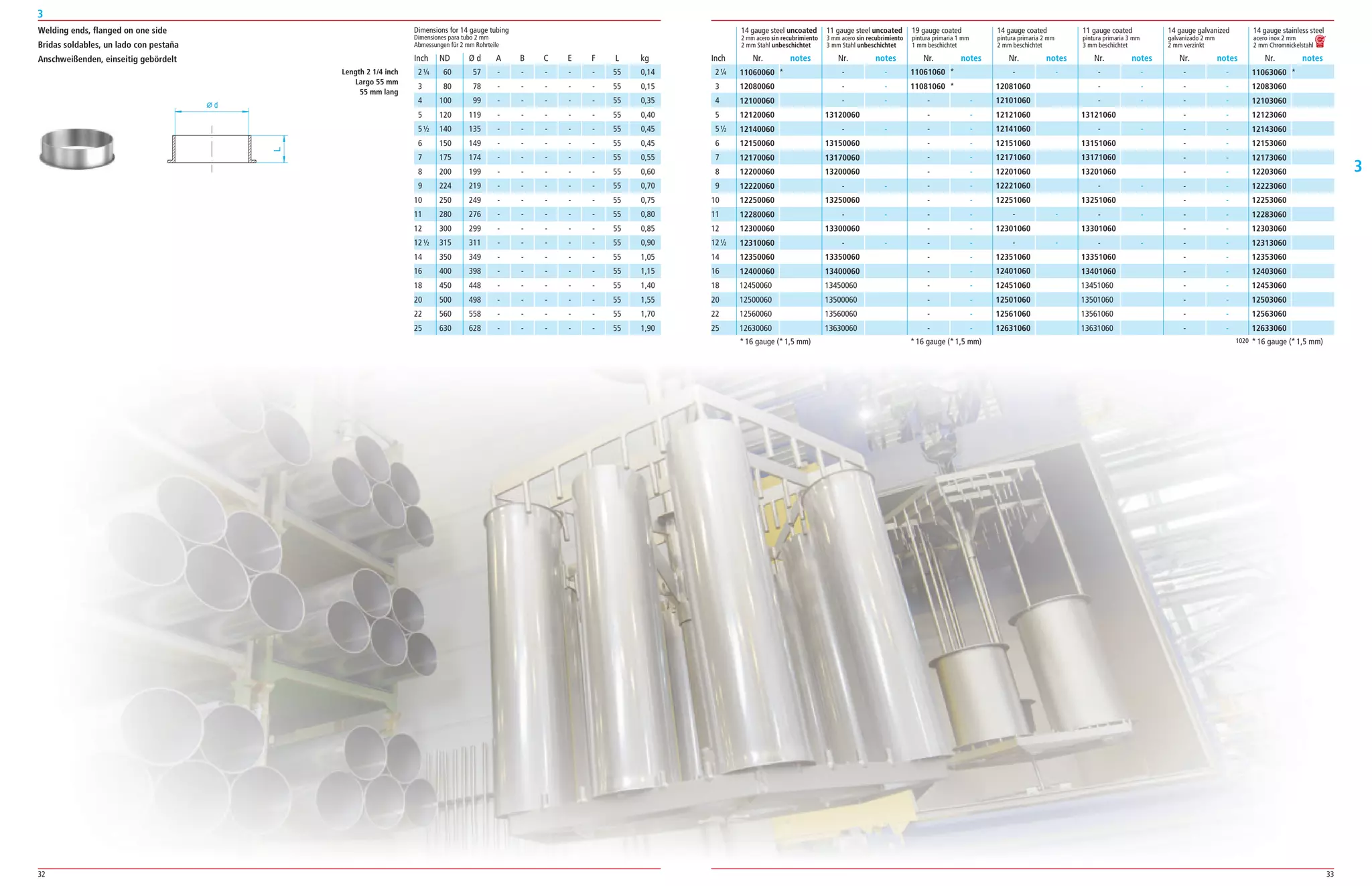 32 33
3
3
d
L
Welding ends, flanged on one side
Bridas soldables, un lado con pestaña
Anschweißenden, einseitig gebördelt ND Ø d A B C E F L kg
Length 2 1/4 inch
Largo 55 mm
55 mm lang
Dimensions for 14 gauge tubing
Dimensiones para tubo 2 mm
Abmessungen für 2 mm Rohrteile
60 57 ­ ­ ­ ­ ­ 55 0,14
80 78 ­ ­ ­ ­ ­ 55 0,15
100 99 ­ ­ ­ ­ ­ 55 0,35
120 119 ­ ­ ­ ­ ­ 55 0,40
140 135 ­ ­ ­ ­ ­ 55 0,45
150 149 ­ ­ ­ ­ ­ 55 0,45
175 174 ­ ­ ­ ­ ­ 55 0,55
200 199 ­ ­ ­ ­ ­ 55 0,60
224 219 ­ ­ ­ ­ ­ 55 0,70
250 249 ­ ­ ­ ­ ­ 55 0,75
280 276 ­ ­ ­ ­ ­ 55 0,80
300 299 ­ ­ ­ ­ ­ 55 0,85
315 311 ­ ­ ­ ­ ­ 55 0,90
350 349 ­ ­ ­ ­ ­ 55 1,05
400 398 ­ ­ ­ ­ ­ 55 1,15
450 448 ­ ­ ­ ­ ­ 55 1,40
500 498 ­ ­ ­ ­ ­ 55 1,55
560 558 ­ ­ ­ ­ ­ 55 1,70
630 628 ­ ­ ­ ­ ­ 55 1,90
14 gauge steel uncoated 11 gauge steel uncoated 19 gauge coated 14 gauge coated 11 gauge coated 14 gauge galvanized 14 gauge stainless steel
2 mm acero sin recubrimiento 3 mm acero sin recubrimiento pintura primaria 1 mm pintura primaria 2 mm pintura primaria 3 mm galvanizado 2 mm acero inox 2 mm
2 mm Stahl unbeschichtet 3 mm Stahl unbeschichtet 1 mm beschichtet 2 mm beschichtet 3 mm beschichtet 2 mm verzinkt 2 mm Chromnickelstahl
­ ­
12081060
12101060
12121060
12141060
12151060
12171060
12201060
12221060
12251060
­ ­
12301060
­ ­
12351060
12401060
12451060
12501060
12561060
12631060
­ ­
­ ­
­ ­
13121060
­ ­
13151060
13171060
13201060
­ ­
13251060
­ ­
13301060
­ ­
13351060
13401060
13451060
13501060
13561060
13631060
­ ­
­ ­
­ ­
­ ­
­ ­
­ ­
­ ­
­ ­
­ ­
­ ­
­ ­
­ ­
­ ­
­ ­
­ ­
­ ­
­ ­
­ ­
­ ­
11063060 *
12083060
12103060
12123060
12143060
12153060
12173060
12203060
12223060
12253060
12283060
12303060
12313060
12353060
12403060
12453060
12503060
12563060
12633060
Inch
1020
2¼
3
4
5
5½
6
7
8
9
10
11
12
12½
14
16
18
20
22
25
11061060 *
11081060 *
­ ­
­ ­
­ ­
­ ­
­ ­
­ ­
­ ­
­ ­
­ ­
­ ­
­ ­
­ ­
­ ­
­ ­
­ ­
­ ­
­ ­
­ ­
­ ­
­ ­
13120060
­ ­
13150060
13170060
13200060
­ ­
13250060
­ ­
13300060
­ ­
13350060
13400060
13450060
13500060
13560060
13630060
11060060 *
12080060
12100060
12120060
12140060
12150060
12170060
12200060
12220060
12250060
12280060
12300060
12310060
12350060
12400060
12450060
12500060
12560060
12630060
Inch
2¼
3
4
5
5½
6
7
8
9
10
11
12
12½
14
16
18
20
22
25
Nr. notes Nr. notes Nr. notes Nr. notes Nr. notes Nr. notes Nr. notes
*16 gauge (*1,5 mm) *16 gauge (*1,5 mm) *16 gauge (*1,5 mm)
 