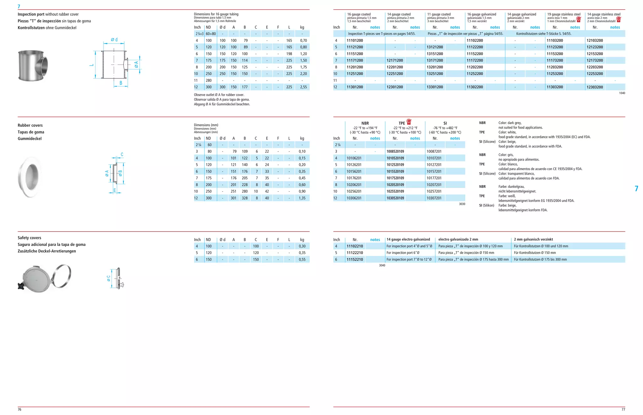 76 77
7
7
Inspection port without rubber cover
Piezas “T“ de inspección sin tapas de goma
Kontrollstutzen ohne Gummideckel
d
B
L
A
C
E
A
B
C
Rubber covers
Tapas de goma
Gummideckel
Safety covers
Saguro adicional para la tapa de goma
Zusätzliche Deckel-Arretierungen
60+80 ­ ­ ­ ­ ­ ­ ­ ­
100 100 100 79 ­ ­ ­ 165 0,70
120 120 100 89 ­ ­ ­ 165 0,80
150 150 120 100 ­ ­ ­ 198 1,20
175 175 150 114 ­ ­ ­ 225 1,50
200 200 150 125 ­ ­ ­ 225 1,75
250 250 150 150 ­ ­ ­ 225 2,20
280 ­ ­ ­ ­ ­ ­ ­ ­
300 300 150 177 ­ ­ ­ 225 2,55
60 ­ ­ ­ ­ ­ ­ ­ ­
80 ­ 79 109 6 22 ­ ­ 0,10
100 ­ 101 122 5 22 ­ ­ 0,15
120 ­ 121 140 6 24 ­ ­ 0,20
150 ­ 151 176 7 33 ­ ­ 0,35
175 ­ 176 205 7 35 ­ ­ 0,45
200 ­ 201 228 8 40 ­ ­ 0,60
250 ­ 251 280 10 42 ­ ­ 0,90
300 ­ 301 328 8 40 ­ ­ 1,35
Dimensions for 16 gauge tubing
Dimensiones para tubo 1,5 mm
Abmessungen für 1,5 mm Rohrteile
Dimensions (mm)
Dimensiones (mm)
Abmessungen (mm)
ND Ø d A B C E F L kg
ND Ø d A B C E F L kg
ND Ø d A B C E F L kg
1040
16 gauge coated 14 gauge coated 11 gauge coated 16 gauge galvanized 14 gauge galvanized 19 gauge stainless steel 14 gauge stainless steel
pintura primaria 1,5 mm pintura primaria 2 mm pintura primaria 3 mm galvanizado 1,5 mm galvanizado 2 mm acero inox 1 mm acero inox 2 mm
1,5 mm beschichtet 2 mm beschichtet 3 mm beschichtet 1,5 mm verzinkt 2 mm verzinkt 1 mm Chromnickelstahl 2 mm Chromnickelstahl
11101200
11121200
11151200
11171200
11201200
11251200
­ ­
11301200
­ ­
­ ­
­ ­
12171200
12201200
12251200
­ ­
12301200
­ ­
13121200
13151200
13171200
13201200
13251200
­ ­
13301200
11102200
11122200
11152200
11172200
11202200
11252200
­ ­
11302200
­ ­
­ ­
­ ­
­ ­
­ ­
­ ­
­ ­
­ ­
11103200
11123200
11153200
11173200
11203200
11253200
­ ­
11303200
12103200
12123200
12153200
12173200
12203200
12253200
­ ­
12303200
Nr. notes Nr. notes Nr. notes Nr. notes Nr. notes Nr. notes Nr. notesInch
60+80
4
5
6
7
8
10
11
12
Observe outlet Ø A for rubber cover.
Observar salida Ø A para tapa de goma.
Abgang Ø A für Gummideckel beachten.
Nr. notes Nr. notes Nr. notesInch
3030
­ ­
­ ­
10106201
10126201
10156201
10176201
10206201
10256201
10306201
­ ­
1008520109
1010520109
1012520109
1015520109
1017520109
1020520109
1025520109
1030520109
­ ­
10087201
10107201
10127201
10157201
10177201
10207201
10257201
10307201
2¼
3
4
5
6
7
8
10
12
NBR TPE SI
­22 °F to +194 °F ­22 °F to +212 °F ­76 °F to +482 °F
(­30 °C hasta +90 °C) (­30 °C hasta +100 °C) (­60 °C hasta +200 °C)
NBR Color: dark grey,
not suited for food applications.
TPE Color: white,
food grade standard, in accordance with 1935/2004 (EC) and FDA.
SI (Silicone) Color: beige,
food grade standard, in accordance with FDA.
NBR Color: gris,
no apropiado para alimentos.
TPE Color: blanco,
calidad para alimentos de acuerdo con CE 1935/2004 y FDA.
SI (Silicone) Color: transparent blanco,
calidad para alimentos de acuerdo con FDA.
NBR Farbe: dunkelgrau,
nicht lebensmittelgeeignet.
TPE Farbe: weiß,
lebensmittelgeeignet konform EG 1935/2004 und FDA.
SI (Silikon) Farbe: beige,
lebensmittelgeeignet konform FDA.
100 ­ ­ ­ 100 ­ ­ ­ 0,30
120 ­ ­ ­ 120 ­ ­ ­ 0,35
150 ­ ­ ­ 150 ­ ­ ­ 0,55
Nr. notesInch
3040
For inspection port 4Ø and 5Ø Para pieza „T“ de inspección Ø 100 y 120 mm Für Kontrollstutzen Ø 100 und 120 mm
For inspection port 6Ø Para pieza „T“ de inspección Ø 150 mm Für Kontrollstutzen Ø 150 mm
For inspection port 7Ø to 12Ø Para pieza „T“ de inspección Ø 175 hasta 300 mm Für Kontrollstutzen Ø 175 bis 300 mm
4
5
6
14 gauge electro galvanized electro galvanizado 2 mm 2 mm galvanisch verzinkt
11102210
11122210
11152210
Inspection T­pieces see T­pieces on pages 54/55. Piezas „T” de inspección ver piezas „T” página 54/55. Kontrollstutzen siehe T­Stücke S. 54/55.
Inch
2¼+3
4
5
6
7
8
10
11
12
Inch
2¼
3
4
5
6
7
8
10
12
Inch
4
5
6
 