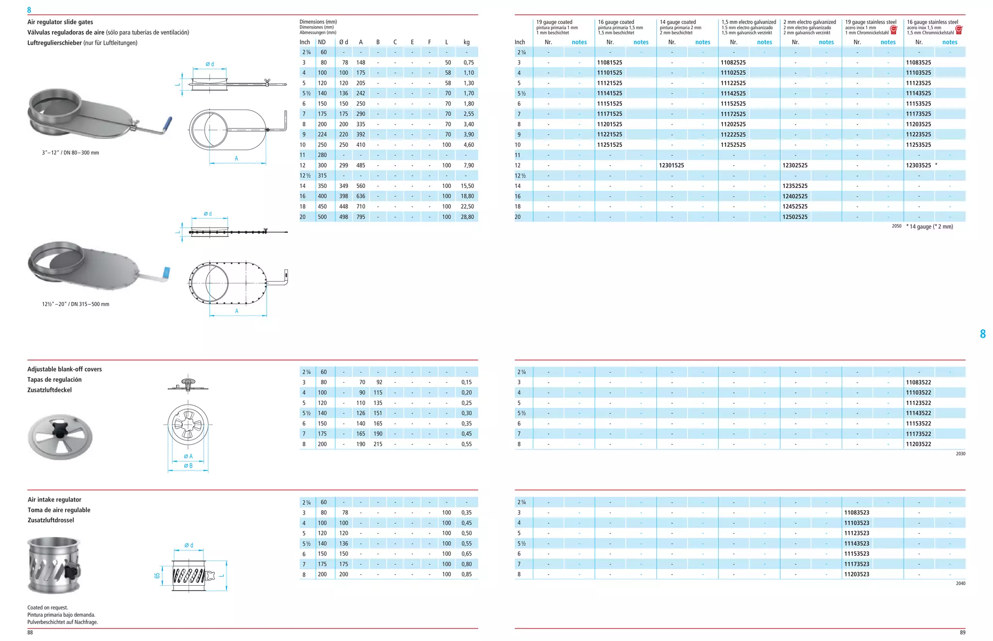 88 89
8
8
19 gauge coated 16 gauge coated 14 gauge coated 1,5 mm electro galvanized 2 mm electro galvanized 19 gauge stainless steel 16 gauge stainless steel
pintura primaria 1 mm pintura primaria 1,5 mm pintura primaria 2 mm 1.5 mm electro galvanizado 2 mm electro galvanizado acero inox 1 mm acero inox 1,5 mm
1 mm beschichtet 1,5 mm beschichtet 2 mm beschichtet 1,5 mm galvanisch verzinkt 2 mm galvanisch verzinkt 1 mm Chromnickelstahl 1,5 mm Chromnickelstahl
Nr. notes Nr. notes Nr. notes Nr. notes Nr. notes Nr. notes Nr. notesInchInch
­ ­
­ ­
­ ­
­ ­
­ ­
­ ­
­ ­
­ ­
­ ­
­ ­
­ ­
­ ­
­ ­
­ ­
­ ­
­ ­
­ ­
­ ­
11081525
11101525
11121525
11141525
11151525
11171525
11201525
11221525
11251525
­ ­
­ ­
­ ­
­ ­
­ ­
­ ­
­ ­
­ ­
­ ­
­ ­
­ ­
­ ­
­ ­
­ ­
­ ­
­ ­
­ ­
­ ­
12301525
­ ­
­ ­
­ ­
­ ­
­ ­
­ ­
11082525
11102525
11122525
11142525
11152525
11172525
11202525
11222525
11252525
­ ­
­ ­
­ ­
­ ­
­ ­
­ ­
­ ­
­ ­
­ ­
­ ­
­ ­
­ ­
­ ­
­ ­
­ ­
­ ­
­ ­
­ ­
12302525
­ ­
12352525
12402525
12452525
12502525
­ ­
­ ­
­ ­
­ ­
­ ­
­ ­
­ ­
­ ­
­ ­
­ ­
­ ­
­ ­
­ ­
­ ­
­ ­
­ ­
­ ­
2¼
3
4
5
5½
6
7
8
9
10
11
12
12½
14
16
18
20
60 ­ ­ ­ ­ ­ ­ ­ ­
80 78 148 ­ ­ ­ ­ 50 0,75
100 100 175 ­ ­ ­ ­ 58 1,10
120 120 205 ­ ­ ­ ­ 58 1,30
140 136 242 ­ ­ ­ ­ 70 1,70
150 150 250 ­ ­ ­ ­ 70 1,80
175 175 290 ­ ­ ­ ­ 70 2,55
200 200 335 ­ ­ ­ ­ 70 3,40
224 220 392 ­ ­ ­ ­ 70 3,90
250 250 410 ­ ­ ­ ­ 100 4,60
280 ­ ­ ­ ­ ­ ­ ­ ­
300 299 485 ­ ­ ­ ­ 100 7,90
315 ­ ­ ­ ­ ­ ­ ­ ­
350 349 560 ­ ­ ­ ­ 100 15,50
400 398 636 ­ ­ ­ ­ 100 18,80
450 448 710 ­ ­ ­ ­ 100 22,50
500 498 795 ­ ­ ­ ­ 100 28,80
Dimensions (mm)
Dimensiones (mm)
Abmessungen (mm)
ND Ø d A B C E F L kg
Air regulator slide gates
Válvulas reguladoras de aire (sólo para tuberías de ventilación)
Luftregulierschieber (nur für Luftleitungen)
2040
2030
­ ­
­ ­
­ ­
­ ­
­ ­
­ ­
­ ­
­ ­
­ ­
­ ­
­ ­
­ ­
­ ­
­ ­
­ ­
­ ­
­ ­
­ ­
­ ­
­ ­
­ ­
­ ­
­ ­
­ ­
­ ­
­ ­
­ ­
­ ­
­ ­
­ ­
­ ­
­ ­
­ ­
­ ­
­ ­
­ ­
­ ­
­ ­
­ ­
­ ­
­ ­
­ ­
­ ­
­ ­
­ ­
­ ­
­ ­
­ ­
­ ­
­ ­
­ ­
­ ­
­ ­
­ ­
­ ­
­ ­
­ ­
­ ­
­ ­
­ ­
­ ­
­ ­
­ ­
­ ­
­ ­
­ ­
­ ­
­ ­
­ ­
­ ­
­ ­
­ ­
­ ­
­ ­
­ ­
­ ­
­ ­
­ ­
­ ­
­ ­
­ ­
11083523
11103523
11123523
11143523
11153523
11173523
11203523
­ ­
­ ­
­ ­
­ ­
­ ­
­ ­
­ ­
­ ­
­ ­
­ ­
­ ­
­ ­
­ ­
­ ­
­ ­
­ ­
­ ­
11083522
11103522
11123522
11143522
11153522
11173522
11203522
2¼
3
4
5
5½
6
7
8
2¼
3
4
5
5½
6
7
8
60 ­ ­ ­ ­ ­ ­ ­ ­
80 78 ­ ­ ­ ­ ­ 100 0,35
100 100 ­ ­ ­ ­ ­ 100 0,45
120 120 ­ ­ ­ ­ ­ 100 0,50
140 136 ­ ­ ­ ­ ­ 100 0,55
150 150 ­ ­ ­ ­ ­ 100 0,65
175 175 ­ ­ ­ ­ ­ 100 0,80
200 200 ­ ­ ­ ­ ­ 100 0,85
60 ­ ­ ­ ­ ­ ­ ­ ­
80 ­ 70 92 ­ ­ ­ ­ 0,15
100 ­ 90 115 ­ ­ ­ ­ 0,20
120 ­ 110 135 ­ ­ ­ ­ 0,25
140 ­ 126 151 ­ ­ ­ ­ 0,30
150 ­ 140 165 ­ ­ ­ ­ 0,35
175 ­ 165 190 ­ ­ ­ ­ 0,45
200 ­ 190 215 ­ ­ ­ ­ 0,55
Adjustable blank-off covers
Tapas de regulación
Zusatzluftdeckel
A
B
Air intake regulator
Toma de aire regulable
Zusatzluftdrossel
d
65
L
2050
­ ­
11083525
11103525
11123525
11143525
11153525
11173525
11203525
11223525
11253525
­ ­
12303525 *
­ ­
­ ­
­ ­
­ ­
­ ­
3–12 / DN 80–300 mm
12½–20 / DN 315–500 mm
*14 gauge (*2 mm)
2¼
3
4
5
5½
6
7
8
9
10
11
12
12½
14
16
18
20
2¼
3
4
5
5½
6
7
8
2¼
3
4
5
5½
6
7
8
Coated on request.
Pintura primaria bajo demanda.
Pulverbeschichtet auf Nachfrage.
 