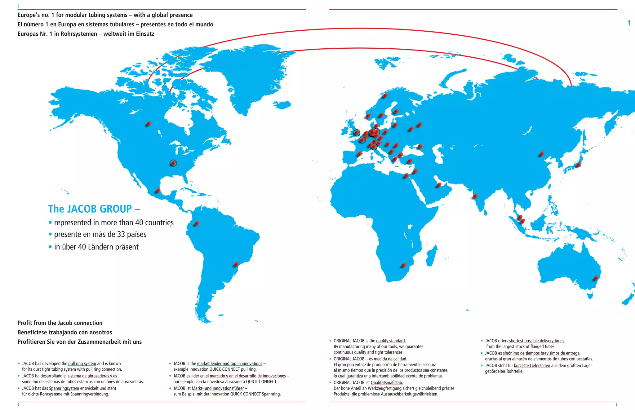 6 7
1
1
Europe’s no. 1 for modular tubing systems – with a global presence
El número 1 en Europa en sistemas tubulares – presentes en todo el mundo
Europas Nr. 1 in Rohrsystemen – weltweit im Einsatz
Profit from the Jacob connection
Benefíciese trabajando con nosotros
Profitieren Sie von der Zusammenarbeit mit uns
The JACOB GROUP –
• represented in more than 40 countries
• presente en más de 33 países
• in über 40 Ländern präsent
• ORIGINAL JACOB is the quality standard.
By manufacturing many of our tools, we guarantee
continuous quality and tight tolerances.
• ORIGINAL JACOB – es medida de calidad.
El gran porcentaje de producción de herramientas asegura
al mismo tiempo que la precisión de los productos sea constante,
lo cual garantiza una intercambiabilidad exenta de problemas.
• ORIGINAL JACOB ist Qualitätsmaßstab.
Der hohe Anteil an Werkzeugfertigung sichert gleichbleibend präzise
Produkte, die problemlose Austauschbarkeit gewährleisten.
• JACOB is the market leader and top in innovations –
example Innovation QUICK CONNECT pull ring.
• JACOB es líder en el mercado y en el desarrollo de innovaciones –
por ejemplo con la novedosa abrazadera QUICK CONNECT.
• JACOB ist Markt­ und Innovationsführer –
zum Beispiel mit der Innovation QUICK CONNECT Spannring.
• JACOB offers shortest possible delivery times
from the largest stock of flanged tubes.
• JACOB es sinónimo de tiempos brevísimos de entrega,
gracias al gran almacén de elementos de tubos con pestañas.
• JACOB steht für kürzeste Lieferzeiten aus dem größten Lager
gebördelter Rohrteile.
• JACOB has developed the pull ring system and is known
for its dust tight tubing system with pull ring connection.
• JACOB ha desarrollado el sistema de abrazaderas y es
sinónimo de sistemas de tubos estancos con uniónes de abrazaderas.
• JACOB hat das Spannringsystem entwickelt und steht
für dichte Rohrsysteme mit Spannringverbindung.
El número 1 en Europa en sistemas tubulares – presentes en todo el mundo
Europas Nr. 1 in Rohrsystemen – weltweit im Einsatz
Profit from the Jacob connection
The JACOB GROUP –
• represented in more than 40 countries
• presente en más de 33 países
• in über 40 Ländern präsent
 