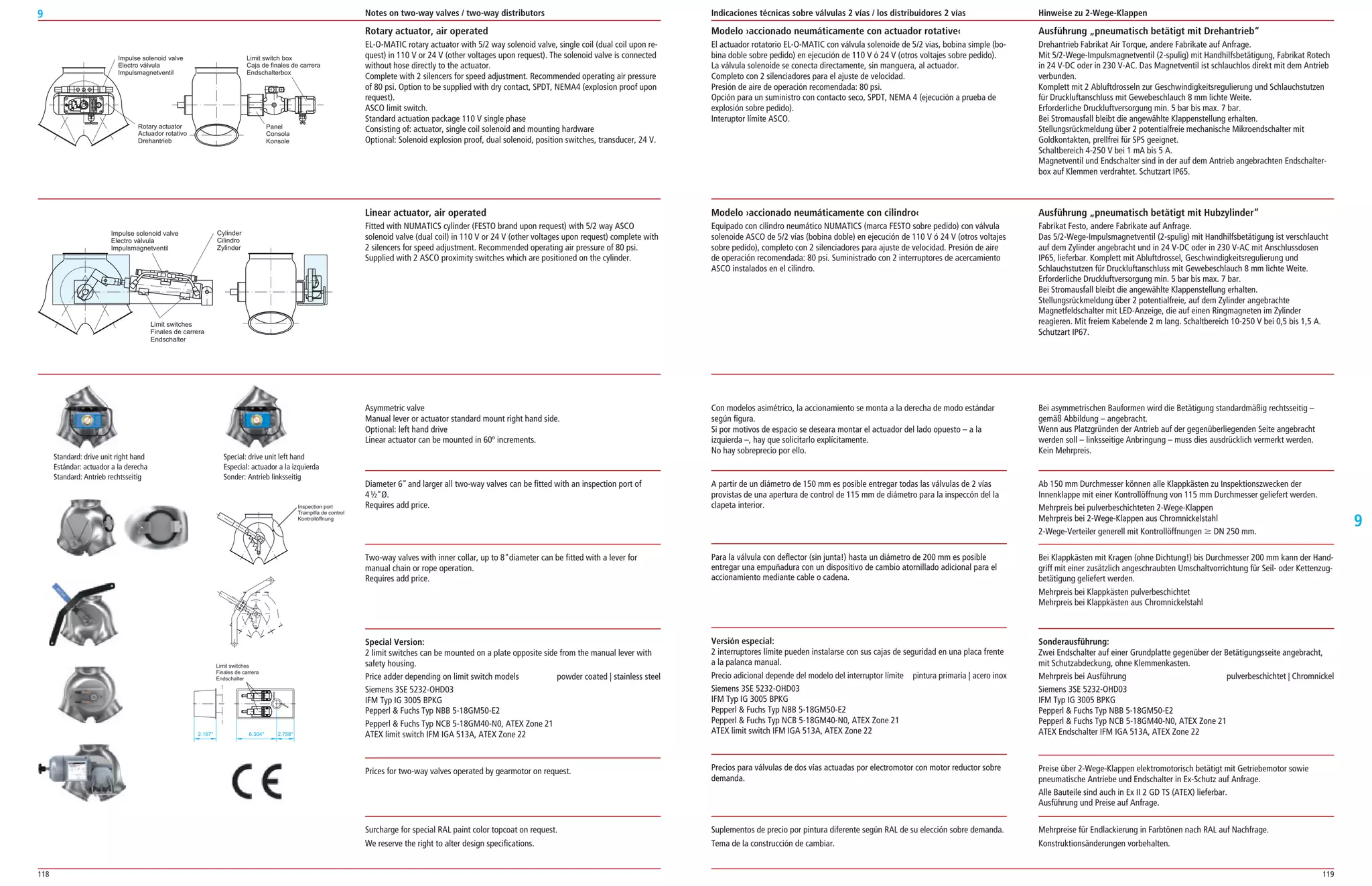 118 119
9
9
Modelo ›accionado neumáticamente con actuador rotative‹
El actuador rotatorio EL­O­MATIC con válvula solenoide de 5/2 vias, bobina simple (bo­
bina doble sobre pedido) en ejecución de 110 V ó 24 V (otros voltajes sobre pedido).
La válvula solenoide se conecta directamente, sin manguera, al actuador.
Completo con 2 silenciadores para el ajuste de velocidad.
Presión de aire de operación recomendada: 80 psi.
Opción para un suministro con contacto seco, SPDT, NEMA 4 (ejecución a prueba de
explosión sobre pedido).
Interuptor límite ASCO.
Ausführung „pneumatisch betätigt mit Drehantrieb“
Drehantrieb Fabrikat Air Torque, andere Fabrikate auf Anfrage.
Mit 5/2­Wege­Impulsmagnetventil (2­spulig) mit Handhilfsbetätigung, Fabrikat Rotech
in 24 V­DC oder in 230 V­AC. Das Magnetventil ist schlauchlos direkt mit dem Antrieb
verbunden.
Komplett mit 2 Abluftdrosseln zur Geschwindigkeitsregulierung und Schlauchstutzen
für Druckluftanschluss mit Gewebeschlauch 8 mm lichte Weite.
Erforderliche Druckluftversorgung min. 5 bar bis max. 7 bar.
Bei Stromausfall bleibt die angewählte Klappenstellung erhalten.
Stellungsrückmeldung über 2 potentialfreie mechanische Mikroendschalter mit
Goldkontakten, prellfrei für SPS geeignet.
Schaltbereich 4­250 V bei 1 mA bis 5 A.
Magnetventil und Endschalter sind in der auf dem Antrieb angebrachten Endschalter­
box auf Klemmen verdrahtet. Schutzart IP65.
Modelo ›accionado neumáticamente con cilindro‹
Equipado con cilindro neumático NUMATICS (marca FESTO sobre pedido) con válvula
solenoide ASCO de 5/2 vías (bobina doble) en ejecución de 110 V ó 24 V (otros voltajes
sobre pedido), completo con 2 silenciadores para ajuste de velocidad. Presión de aire
de operación recomendada: 80 psi. Suministrado con 2 interruptores de acercamiento
ASCO instalados en el cilindro.
Con modelos asimétrico, la accionamiento se monta a la derecha de modo estándar
según figura.
Si por motivos de espacio se deseara montar el actuador del lado opuesto – a la
izquierda –, hay que solicitarlo explícitamente.
No hay sobreprecio por ello.
A partir de un diámetro de 150 mm es posible entregar todas las válvulas de 2 vías
provistas de una apertura de control de 115 mm de diámetro para la inspeccón del la
clapeta interior.
Para la válvula con deflector (sin junta!) hasta un diámetro de 200 mm es posible
entregar una empuñadura con un dispositivo de cambio atornillado adicional para el
accionamiento mediante cable o cadena.
Versión especial:
2 interruptores límite pueden instalarse con sus cajas de seguridad en una placa frente
a la palanca manual.
Precio adicional depende del modelo del interruptor límite pintura primaria | acero inox
Siemens 3SE 5232­OHD03
IFM Typ IG 3005 BPKG
Pepperl  Fuchs Typ NBB 5­18GM50­E2
Pepperl  Fuchs Typ NCB 5­18GM40­N0, ATEX Zone 21
ATEX limit switch IFM IGA 513A, ATEX Zone 22
Precios para válvulas de dos vías actuadas por electromotor con motor reductor sobre
demanda.
Ausführung „pneumatisch betätigt mit Hubzylinder“
Fabrikat Festo, andere Fabrikate auf Anfrage.
Das 5/2­Wege­Impulsmagnetventil (2­spulig) mit Handhilfsbetätigung ist verschlaucht
auf dem Zylinder angebracht und in 24 V­DC oder in 230 V­AC mit Anschlussdosen
IP65, lieferbar. Komplett mit Abluftdrossel, Geschwindigkeitsregulierung und
Schlauchstutzen für Druckluftanschluss mit Gewebeschlauch 8 mm lichte Weite.
Erforderliche Druckluftversorgung min. 5 bar bis max. 7 bar.
Bei Stromausfall bleibt die angewählte Klappenstellung erhalten.
Stellungsrückmeldung über 2 potentialfreie, auf dem Zylinder angebrachte
Magnetfeldschalter mit LED­Anzeige, die auf einen Ringmagneten im Zylinder
reagieren. Mit freiem Kabelende 2 m lang. Schaltbereich 10­250 V bei 0,5 bis 1,5 A.
Schutzart IP67.
Bei asymmetrischen Bauformen wird die Betätigung standardmäßig rechtsseitig –
gemäß Abbildung – angebracht.
Wenn aus Platzgründen der Antrieb auf der gegenüberliegenden Seite angebracht
werden soll – linksseitige Anbringung – muss dies ausdrücklich vermerkt werden.
Kein Mehrpreis.
Ab 150 mm Durchmesser können alle Klappkästen zu Inspektionszwecken der
Innenklappe mit einer Kontrollöffnung von 115 mm Durchmesser geliefert werden.
Mehrpreis bei pulverbeschichteten 2­Wege­Klappen
Mehrpreis bei 2­Wege­Klappen aus Chromnickelstahl
2­Wege­Verteiler generell mit Kontrollöffnungen Ն DN 250 mm.
Bei Klappkästen mit Kragen (ohne Dichtung!) bis Durchmesser 200 mm kann der Hand­
griff mit einer zusätzlich angeschraubten Umschaltvorrichtung für Seil­ oder Kettenzug­
betätigung geliefert werden.
Mehrpreis bei Klappkästen pulverbeschichtet
Mehrpreis bei Klappkästen aus Chromnickelstahl
Sonderausführung:
Zwei Endschalter auf einer Grundplatte gegenüber der Betätigungsseite angebracht,
mit Schutzabdeckung, ohne Klemmenkasten.
Mehrpreis bei Ausführung pulverbeschichtet | Chromnickel
Siemens 3SE 5232­OHD03
IFM Typ IG 3005 BPKG
Pepperl  Fuchs Typ NBB 5­18GM50­E2
Pepperl  Fuchs Typ NCB 5­18GM40­N0, ATEX Zone 21
ATEX Endschalter IFM IGA 513A, ATEX Zone 22
Preise über 2­Wege­Klappen elektromotorisch betätigt mit Getriebemotor sowie
pneumatische Antriebe und Endschalter in Ex­Schutz auf Anfrage.
Alle Bauteile sind auch in Ex II 2 GD TS (ATEX) lieferbar.
Ausführung und Preise auf Anfrage.
Suplementos de precio por pintura diferente según RAL de su elección sobre demanda.
Tema de la construcción de cambiar.
Mehrpreise für Endlackierung in Farbtönen nach RAL auf Nachfrage.
Konstruktionsänderungen vorbehalten.
Rotary actuator, air operated
EL­O­MATIC rotary actuator with 5/2 way solenoid valve, single coil (dual coil upon re­
quest) in 110 V or 24 V (other voltages upon request). The solenoid valve is connected
without hose directly to the actuator.
Complete with 2 silencers for speed adjustment. Recommended operating air pressure
of 80 psi. Option to be supplied with dry contact, SPDT, NEMA4 (explosion proof upon
request).
ASCO limit switch.
Standard actuation package 110 V single phase
Consisting of: actuator, single coil solenoid and mounting hardware
Optional: Solenoid explosion proof, dual solenoid, position switches, transducer, 24 V.
Limit switch box
Caja de finales de carrera
Endschalterbox
Panel
Consola
Konsole
Rotary actuator
Actuador rotativo
Drehantrieb
Impulse solenoid valve
Electro válvula
Impulsmagnetventil
Impulse solenoid valve
Electro válvula
Impulsmagnetventil
Cylinder
Cilindro
Zylinder
Limit switches
Finales de carrera
Endschalter
Inspection port
Trampilla de control
Kontrollöffnung
Limit switches
Finales de carrera
Endschalter
2.167 6.304 2.758
Linear actuator, air operated
Fitted with NUMATICS cylinder (FESTO brand upon request) with 5/2 way ASCO
solenoid valve (dual coil) in 110 V or 24 V (other voltages upon request) complete with
2 silencers for speed adjustment. Recommended operating air pressure of 80 psi.
Supplied with 2 ASCO proximity switches which are positioned on the cylinder.
Asymmetric valve
Manual lever or actuator standard mount right hand side.
Optional: left hand drive
Linear actuator can be mounted in 60º increments.
Diameter 6and larger all two­way valves can be fitted with an inspection port of
4½Ø.
Requires add price.
Two­way valves with inner collar, up to 8diameter can be fitted with a lever for
manual chain or rope operation.
Requires add price.
Special Version:
2 limit switches can be mounted on a plate opposite side from the manual lever with
safety housing.
Price adder depending on limit switch models powder coated | stainless steel
Siemens 3SE 5232­OHD03
IFM Typ IG 3005 BPKG
Pepperl  Fuchs Typ NBB 5­18GM50­E2
Pepperl  Fuchs Typ NCB 5­18GM40­N0, ATEX Zone 21
ATEX limit switch IFM IGA 513A, ATEX Zone 22
Prices for two­way valves operated by gearmotor on request.
Surcharge for special RAL paint color topcoat on request.
We reserve the right to alter design specifications.
Standard: drive unit right hand
Estándar: actuador a la derecha
Standard: Antrieb rechtsseitig
Special: drive unit left hand
Especial: actuador a la izquierda
Sonder: Antrieb linksseitig
Notes on two-way valves / two-way distributors Indicaciones técnicas sobre válvulas 2 vías / los distribuidores 2 vías Hinweise zu 2-Wege-Klappen
 
