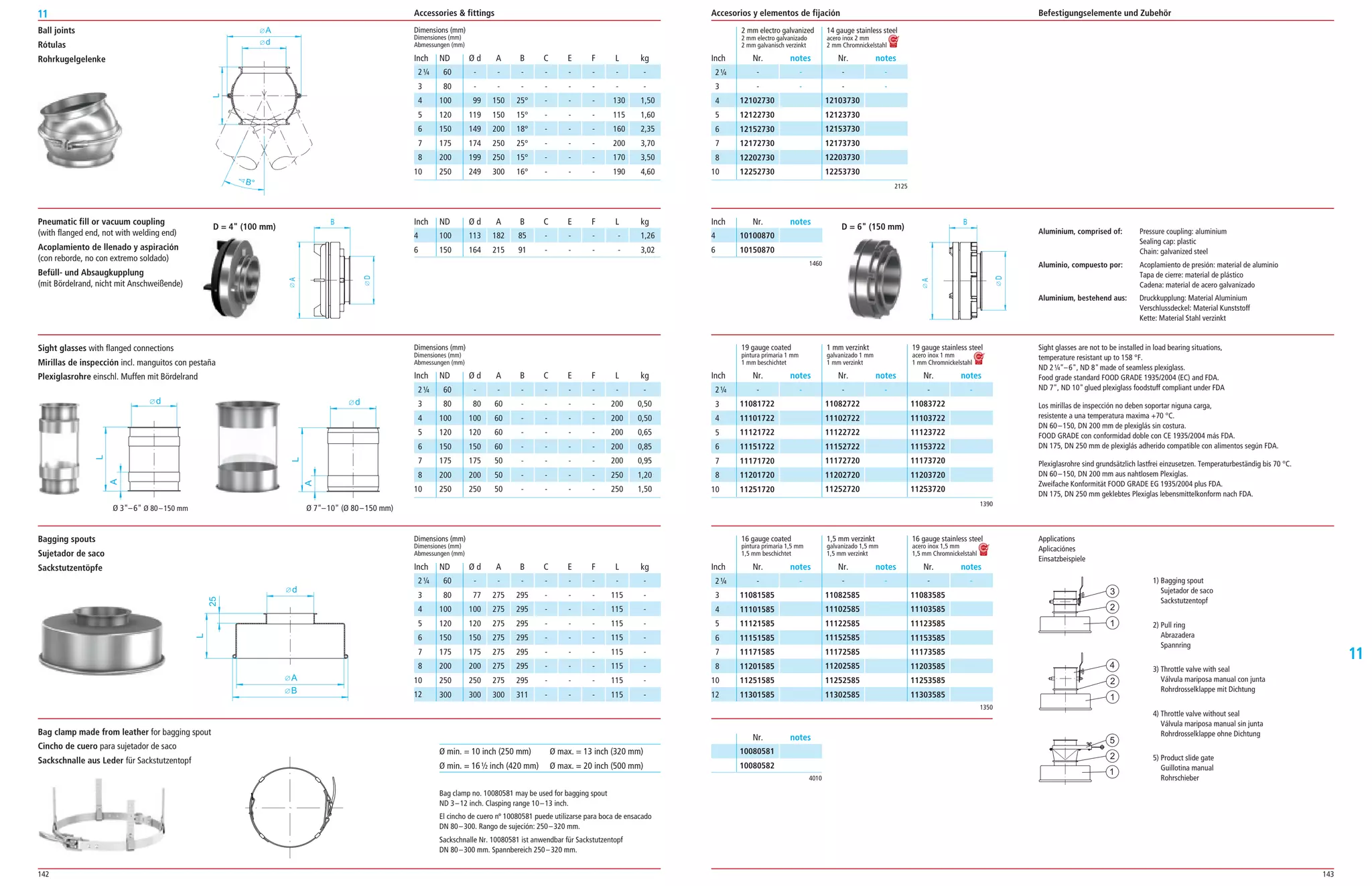 142 143
11
11
Ball joints
Rótulas
Rohrkugelgelenke
d
A
L
B°
Nr. notes Nr. notes
Nr. notes
Nr. notes Nr. notes Nr. notes
Nr. notes Nr. notes Nr. notes
Inch
Inch
Inch
Inch
2125
1460
1390
1350
­ ­
­ ­
12103730
12123730
12153730
12173730
12203730
12253730
­ ­
11082722
11102722
11122722
11152722
11172720
11202720
11252720
­ ­
11082585
11102585
11122585
11152585
11172585
11202585
11252585
11302585
­ ­
11083722
11103722
11123722
11153722
11173720
11203720
11253720
­ ­
11083585
11103585
11123585
11153585
11173585
11203585
11253585
11303585
­ ­
­ ­
12102730
12122730
12152730
12172730
12202730
12252730
10100870
10150870
­ ­
11081722
11101722
11121722
11151722
11171720
11201720
11251720
­ ­
11081585
11101585
11121585
11151585
11171585
11201585
11251585
11301585
2¼
3
4
5
6
7
8
10
4
6
2¼
3
4
5
6
7
8
10
2¼
3
4
5
6
7
8
10
12
Dimensions (mm)
Dimensiones (mm)
Abmessungen (mm)
Dimensions (mm)
Dimensiones (mm)
Abmessungen (mm)
Dimensions (mm)
Dimensiones (mm)
Abmessungen (mm)
ND Ø d A B C E F L kg
ND Ø d A B C E F L kg
ND Ø d A B C E F L kg
ND Ø d A B C E F L kg
60 ­ ­ ­ ­ ­ ­ ­ ­
80 ­ ­ ­ ­ ­ ­ ­ ­
100 99 150 25° ­ ­ ­ 130 1,50
120 119 150 15° ­ ­ ­ 115 1,60
150 149 200 18° ­ ­ ­ 160 2,35
175 174 250 25° ­ ­ ­ 200 3,70
200 199 250 15° ­ ­ ­ 170 3,50
250 249 300 16° ­ ­ ­ 190 4,60
100 113 182 85 ­ ­ ­ ­ 1,26
150 164 215 91 ­ ­ ­ ­ 3,02
60 ­ ­ ­ ­ ­ ­ ­ ­
80 80 60 ­ ­ ­ ­ 200 0,50
100 100 60 ­ ­ ­ ­ 200 0,50
120 120 60 ­ ­ ­ ­ 200 0,65
150 150 60 ­ ­ ­ ­ 200 0,85
175 175 50 ­ ­ ­ ­ 200 0,95
200 200 50 ­ ­ ­ ­ 250 1,20
250 250 50 ­ ­ ­ ­ 250 1,50
60 ­ ­ ­ ­ ­ ­ ­ ­
80 77 275 295 ­ ­ ­ 115 ­
100 100 275 295 ­ ­ ­ 115 ­
120 120 275 295 ­ ­ ­ 115 ­
150 150 275 295 ­ ­ ­ 115 ­
175 175 275 295 ­ ­ ­ 115 ­
200 200 275 295 ­ ­ ­ 115 ­
250 250 275 295 ­ ­ ­ 115 ­
300 300 300 311 ­ ­ ­ 115 ­
2 mm electro galvanized 14 gauge stainless steel
2 mm electro galvanizado acero inox 2 mm
2 mm galvanisch verzinkt 2 mm Chromnickelstahl
19 gauge coated 1 mm verzinkt 19 gauge stainless steel
pintura primaria 1 mm galvanizado 1 mm acero inox 1 mm
1 mm beschichtet 1 mm verzinkt 1 mm Chromnickelstahl
16 gauge coated 1,5 mm verzinkt 16 gauge stainless steel
pintura primaria 1,5 mm galvanizado 1,5 mm acero inox 1,5 mm
1,5 mm beschichtet 1,5 mm verzinkt 1,5 mm Chromnickelstahl
Sight glasses are not to be installed in load bearing situations,
temperature resistant up to 158 °F.
ND 2¼–6, ND 8made of seamless plexiglass.
Food grade standard FOOD GRADE 1935/2004 (EC) and FDA.
ND 7, ND 10glued plexiglass foodstuff compliant under FDA
Los mirillas de inspección no deben soportar niguna carga,
resistente a una temperatura maxima +70 °C.
DN 60–150, DN 200 mm de plexiglás sin costura.
FOOD GRADE con conformidad doble con CE 1935/2004 más FDA.
DN 175, DN 250 mm de plexiglás adherido compatible con alimentos según FDA.
Plexiglasrohre sind grundsätzlich lastfrei einzusetzen. Temperaturbeständig bis 70 °C.
DN 60–150, DN 200 mm aus nahtlosem Plexiglas.
Zweifache Konformität FOOD GRADE EG 1935/2004 plus FDA.
DN 175, DN 250 mm geklebtes Plexiglas lebensmittelkonform nach FDA.
Aluminium, comprised of: Pressure coupling: aluminium
Sealing cap: plastic
Chain: galvanized steel
Aluminio, compuesto por: Acoplamiento de presión: material de aluminio
Tapa de cierre: material de plástico
Cadena: material de acero galvanizado
Aluminium, bestehend aus: Druckkupplung: Material Aluminium
Verschlussdeckel: Material Kunststoff
Kette: Material Stahl verzinkt
Bagging spouts
Sujetador de saco
Sackstutzentöpfe
A
L
25
B
d
Sight glasses with flanged connections
Mirillas de inspección incl. manguitos con pestaña
Plexiglasrohre einschl. Muffen mit Bördelrand
d
L
A
L
d
A
Ø 3–6 Ø 80–150 mm
d
L
A
L
d
A
Ø 7–10 (Ø 80–150 mm)
Bag clamp made from leather for bagging spout
Cincho de cuero para sujetador de saco
Sackschnalle aus Leder für Sackstutzentopf
Ø min. = 10 inch (250 mm) Ø max. = 13 inch (320 mm)
Ø min. = 16½ inch (420 mm) Ø max. = 20 inch (500 mm)
Bag clamp no. 10080581 may be used for bagging spout
ND 3–12 inch. Clasping range 10–13 inch.
El cincho de cuero nº 10080581 puede utilizarse para boca de ensacado
DN 80–300. Rango de sujeción: 250–320 mm.
Sackschnalle Nr. 10080581 ist anwendbar für Sackstutzentopf
DN 80–300 mm. Spannbereich 250–320 mm.
4010
10080581
10080582
Nr. notes
Applications
Aplicaciónes
Einsatzbeispiele
1
2
3
4
1
2
5
1
2
1) Bagging spout
Sujetador de saco
Sackstutzentopf
2) Pull ring
Abrazadera
Spannring
3) Throttle valve with seal
Válvula mariposa manual con junta
Rohrdrosselklappe mit Dichtung
4) Throttle valve without seal
Válvula mariposa manual sin junta
Rohrdrosselklappe ohne Dichtung
5) Product slide gate
Guillotina manual
Rohrschieber
Pneumatic fill or vacuum coupling
(with flanged end, not with welding end)
Acoplamiento de llenado y aspiración
(con reborde, no con extremo soldado)
Befüll- und Absaugkupplung
(mit Bördelrand, nicht mit Anschweißende)
B
D
A
D = 4 (100 mm)
B
D
A
D = 6 (150 mm)
Accessories  fittings Accesorios y elementos de fijación Befestigungselemente und Zubehör
Inch
2¼
3
4
5
6
7
8
10
Inch
2¼
3
4
5
6
7
8
10
Inch
Inch
4
6
2¼
3
4
5
6
7
8
10
12
 