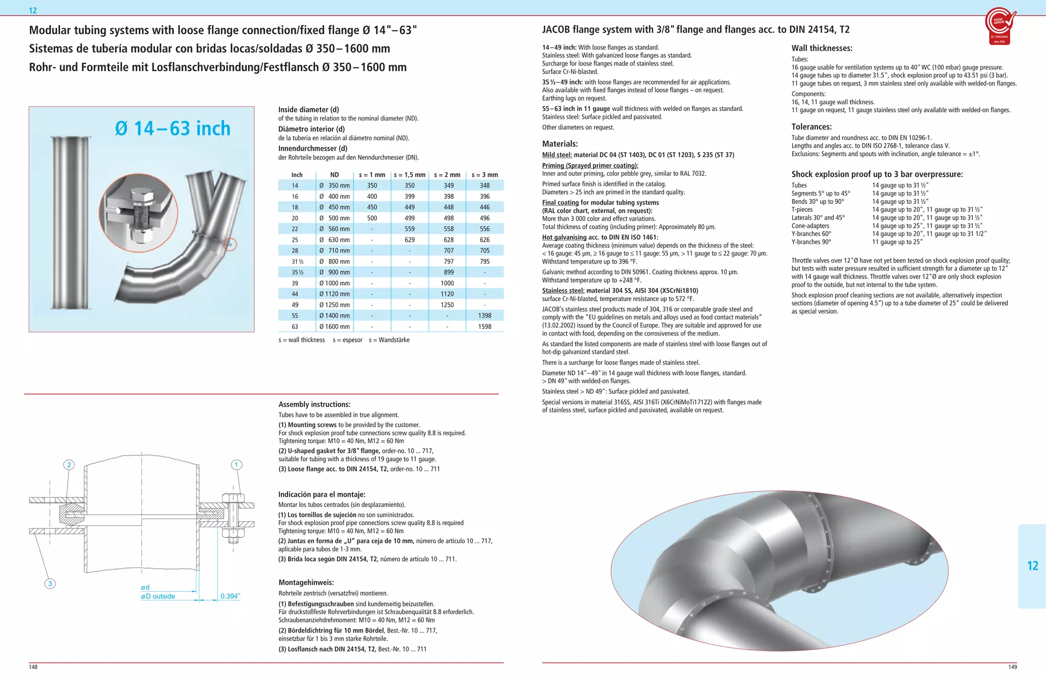 148 149
1212
Modular tubing systems with loose flange connection/fixed flange Ø 14–63
Sistemas de tubería modular con bridas locas/soldadas Ø 350–1600 mm
Rohr- und Formteile mit Losflanschverbindung/Festflansch Ø 350–1600 mm
Inside diameter (d)
of the tubing in relation to the nominal diameter (ND).
Diámetro interior (d)
de la tuberia en relación al diámetro nominal (ND).
Innendurchmesser (d)
der Rohrteile bezogen auf den Nenndurchmesser (DN).
Inch ND s = 1 mm s = 1,5 mm s = 2 mm s = 3 mm
14 Ø 350 mm 350 350 349 348
16 Ø 400 mm 400 399 398 396
18 Ø 450 mm 450 449 448 446
20 Ø 500 mm 500 499 498 496
22 Ø 560 mm ­ 559 558 556
25 Ø 630 mm ­ 629 628 626
28 Ø 710 mm ­ ­ 707 705
31½ Ø 800 mm ­ ­ 797 795
35½ Ø 900 mm ­ ­ 899 ­
39 Ø 1000 mm ­ ­ 1000 ­
44 Ø 1120 mm ­ ­ 1120 ­
49 Ø 1250 mm ­ ­ 1250 ­
55 Ø 1400 mm ­ ­ ­ 1398
63 Ø 1600 mm ­ ­ ­ 1598
Ø 14–63 inch
Assembly instructions:
Tubes have to be assembled in true alignment.
(1) Mounting screws to be provided by the customer.
For shock explosion proof tube connections screw quality 8.8 is required.
Tightening torque: M10 = 40 Nm, M12 = 60 Nm
(2) U-shaped gasket for 3/8flange, order­no. 10 ... 717,
suitable for tubing with a thickness of 19 gauge to 11 gauge.
(3) Loose flange acc. to DIN 24154, T2, order­no. 10 ... 711
Montagehinweis:
Rohrteile zentrisch (versatzfrei) montieren.
(1) Befestigungsschrauben sind kundenseitig beizustellen.
Für druckstoßfeste Rohrverbindungen ist Schraubenqualität 8.8 erforderlich.
Schraubenanziehdrehmoment: M10 = 40 Nm, M12 = 60 Nm
(2) Bördeldichtring für 10 mm Bördel, Best.­Nr. 10 ... 717,
einsetzbar für 1 bis 3 mm starke Rohrteile.
(3) Losflansch nach DIN 24154, T2, Best.­Nr. 10 ... 711
Indicación para el montaje:
Montar los tubos centrados (sin desplazamiento).
(1) Los tornillos de sujeción no son suministrados.
For shock explosion proof pipe connections screw quality 8.8 is required
Tightening torque: M10 = 40 Nm, M12 = 60 Nm
(2) Juntas en forma de „U“ para ceja de 10 mm, número de artículo 10 ... 717,
aplicable para tubos de 1­3 mm.
(3) Brida loca según DIN 24154, T2, número de artículo 10 ... 711.
12
JACOB flange system with 3/8flange and flanges acc. to DIN 24154, T2
14–49 inch: With loose flanges as standard.
Stainless steel: With galvanized loose flanges as standard.
Surcharge for loose flanges made of stainless steel.
Surface Cr­Ni­blasted.
35½–49 inch: with loose flanges are recommended for air applications.
Also available with fixed flanges instead of loose flanges – on request.
Earthing lugs on request.
55–63 inch in 11 gauge wall thickness with welded on flanges as standard.
Stainless steel: Surface pickled and passivated.
Other diameters on request.
Materials:
Mild steel: material DC 04 (ST 1403), DC 01 (ST 1203), S 235 (ST 37)
Priming (Sprayed primer coating):
Inner and outer priming, color pebble grey, similar to RAL 7032.
Primed surface finish is identified in the catalog.
Diameters  25 inch are primed in the standard quality.
Final coating for modular tubing systems
(RAL color chart, external, on request):
More than 3 000 color and effect variations.
Total thickness of coating (including primer): Approximately 80 μm.
Hot galvanising acc. to DIN EN ISO 1461:
Average coating thickness (minimum value) depends on the thickness of the steel:
 16 gauge: 45 μm, ≥ 16 gauge to ≤ 11 gauge: 55 μm,  11 gauge to ≤ 22 gauge: 70 μm.
Withstand temperature up to 396 °F.
Galvanic method according to DIN 50961. Coating thickness approx. 10 μm.
Withstand temperature up to +248 °F.
Stainless steel: material 304 SS, AISI 304 (X5CrNi1810)
surface Cr­Ni­blasted, temperature resistance up to 572 °F.
JACOB’s stainless steel products made of 304, 316 or comparable grade steel and
comply with the “EU guidelines on metals and alloys used as food contact materials”
(13.02.2002) issued by the Council of Europe. They are suitable and approved for use
in contact with food, depending on the corrosiveness of the medium.
As standard the listed components are made of stainless steel with loose flanges out of
hot­dip galvanized standard steel.
There is a surcharge for loose flanges made of stainless steel.
Diameter ND 14–49in 14 gauge wall thickness with loose flanges, standard.
 DN 49with welded­on flanges.
Stainless steel  ND 49: Surface pickled and passivated.
Special versions in material 316SS, AISI 316Ti (X6CrNiMoTi17122) with flanges made
of stainless steel, surface pickled and passivated, available on request.
Wall thicknesses:
Tubes:
16 gauge usable for ventilation systems up to 40WC (100 mbar) gauge pressure.
14 gauge tubes up to diameter 31.5, shock explosion proof up to 43.51 psi (3 bar).
11 gauge tubes on request, 3 mm stainless steel only available with welded­on flanges.
Components:
16, 14, 11 gauge wall thickness.
11 gauge on request, 11 gauge stainless steel only available with welded­on flanges.
Tolerances:
Tube diameter and roundness acc. to DIN EN 10296­1.
Lengths and angles acc. to DIN ISO 2768­1, tolerance class V.
Exclusions: Segments and spouts with inclination, angle tolerance = ±1°.
Shock explosion proof up to 3 bar overpressure:
Tubes 14 gauge up to 31½
Segments 5° up to 45° 14 gauge up to 31½
Bends 30° up to 90° 14 gauge up to 31½
T­pieces 14 gauge up to 20, 11 gauge up to 31½
Laterals 30° and 45° 14 gauge up to 20, 11 gauge up to 31½
Cone­adapters 14 gauge up to 25, 11 gauge up to 31½
Y­branches 60° 14 gauge up to 20, 11 gauge up to 31 1/2
Y­branches 90° 11 gauge up to 25
Throttle valves over 12Ø have not yet been tested on shock explosion proof quality;
but tests with water pressure resulted in sufficient strength for a diameter up to 12
with 14 gauge wall thickness. Throttle valves over 12Ø are only shock explosion
proof to the outside, but not internal to the tube system.
Shock explosion proof cleaning sections are not available, alternatively inspection
sections (diameter of opening 4.5“) up to a tube diameter of 25“ could be delivered
as special version.
s = wall thickness s = espesor s = Wandstärke
 