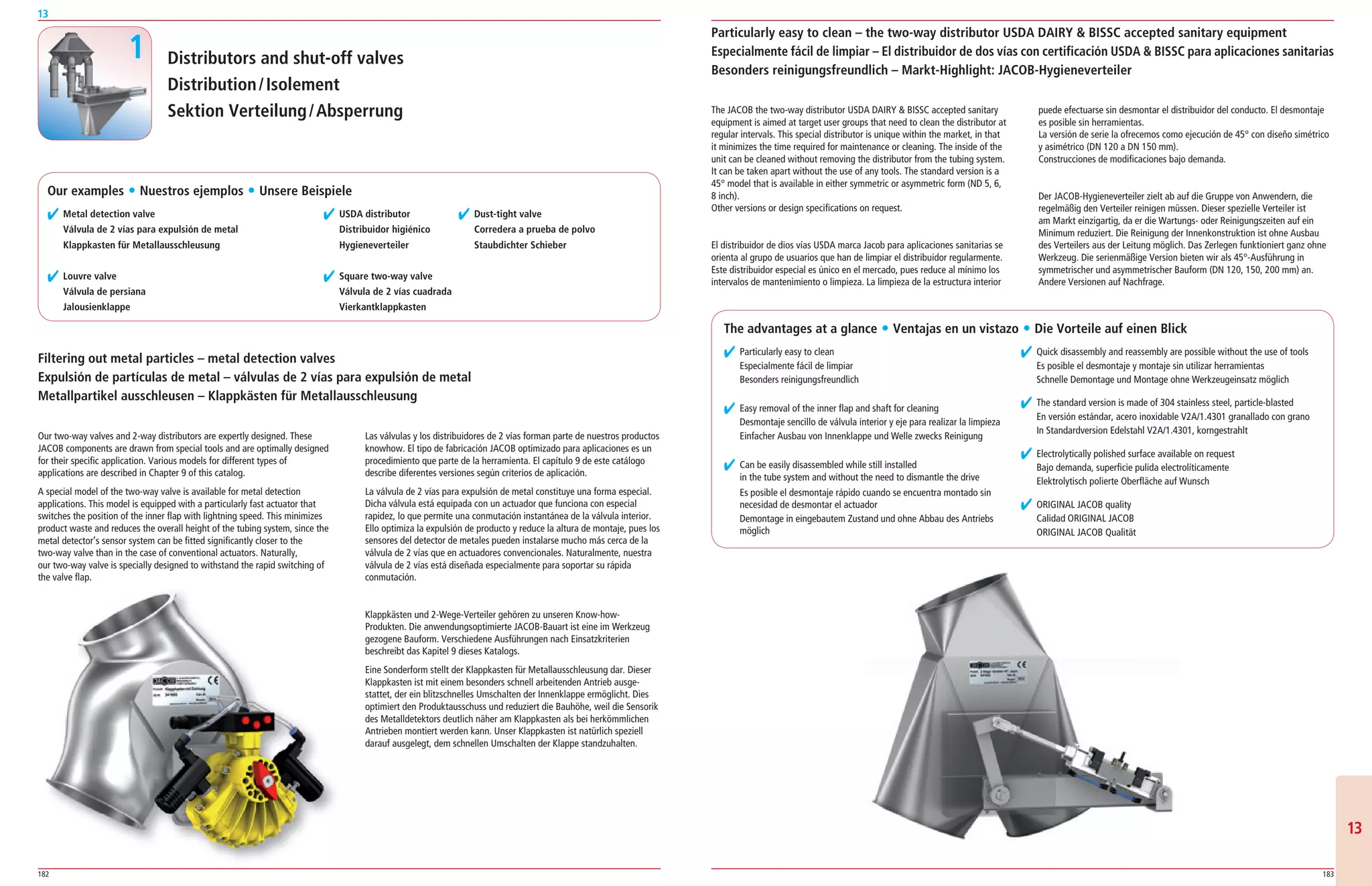 182 183
13
1313
Distributors and shut-off valves
Distribution/Isolement
Sektion Verteilung/Absperrung
Filtering out metal particles – metal detection valves
Expulsión de partículas de metal – válvulas de 2 vías para expulsión de metal
Metallpartikel ausschleusen – Klappkästen für Metallausschleusung
Our two­way valves and 2­way distributors are expertly designed. These
JACOB components are drawn from special tools and are optimally designed
for their specific application. Various models for different types of
applications are described in Chapter 9 of this catalog.
A special model of the two­way valve is available for metal detection
applications. This model is equipped with a particularly fast actuator that
switches the position of the inner flap with lightning speed. This minimizes
product waste and reduces the overall height of the tubing system, since the
metal detector’s sensor system can be fitted significantly closer to the
two­way valve than in the case of conventional actuators. Naturally,
our two­way valve is specially designed to withstand the rapid switching of
the valve flap.
Las válvulas y los distribuidores de 2 vías forman parte de nuestros productos
knowhow. El tipo de fabricación JACOB optimizado para aplicaciones es un
procedimiento que parte de la herramienta. El capítulo 9 de este catálogo
describe diferentes versiones según criterios de aplicación.
La válvula de 2 vías para expulsión de metal constituye una forma especial.
Dicha válvula está equipada con un actuador que funciona con especial
rapidez, lo que permite una conmutación instantánea de la válvula interior.
Ello optimiza la expulsión de producto y reduce la altura de montaje, pues los
sensores del detector de metales pueden instalarse mucho más cerca de la
válvula de 2 vías que en actuadores convencionales. Naturalmente, nuestra
válvula de 2 vías está diseñada especialmente para soportar su rápida
conmutación.
Klappkästen und 2­Wege­Verteiler gehören zu unseren Know­how­
Produkten. Die anwendungsoptimierte JACOB­Bauart ist eine im Werkzeug
gezogene Bauform. Verschiedene Ausführungen nach Einsatzkriterien
beschreibt das Kapitel 9 dieses Katalogs.
Eine Sonderform stellt der Klappkasten für Metallausschleusung dar. Dieser
Klappkasten ist mit einem besonders schnell arbeitenden Antrieb ausge­
stattet, der ein blitzschnelles Umschalten der Innenklappe ermöglicht. Dies
optimiert den Produktausschuss und reduziert die Bauhöhe, weil die Sensorik
des Metalldetektors deutlich näher am Klappkasten als bei herkömmlichen
Antrieben montiert werden kann. Unser Klappkasten ist natürlich speziell
darauf ausgelegt, dem schnellen Umschalten der Klappe standzuhalten.
Particularly easy to clean – the two-way distributor USDA DAIRY  BISSC accepted sanitary equipment
Especialmente fácil de limpiar – El distribuidor de dos vías con certificación USDA  BISSC para aplicaciones sanitarias
Besonders reinigungsfreundlich – Markt-Highlight: JACOB-Hygieneverteiler
The JACOB the two­way distributor USDA DAIRY  BISSC accepted sanitary
equipment is aimed at target user groups that need to clean the distributor at
regular intervals. This special distributor is unique within the market, in that
it minimizes the time required for maintenance or cleaning. The inside of the
unit can be cleaned without removing the distributor from the tubing system.
It can be taken apart without the use of any tools. The standard version is a
45° model that is available in either symmetric or asymmetric form (ND 5, 6,
8 inch).
Other versions or design specifications on request.
El distribuidor de dios vías USDA marca Jacob para aplicaciones sanitarias se
orienta al grupo de usuarios que han de limpiar el distribuidor regularmente.
Este distribuidor especial es único en el mercado, pues reduce al mínimo los
intervalos de mantenimiento o limpieza. La limpieza de la estructura interior
puede efectuarse sin desmontar el distribuidor del conducto. El desmontaje
es posible sin herramientas.
La versión de serie la ofrecemos como ejecución de 45° con diseño simétrico
y asimétrico (DN 120 a DN 150 mm).
Construcciones de modificaciones bajo demanda.
Der JACOB­Hygieneverteiler zielt ab auf die Gruppe von Anwendern, die
regelmäßig den Verteiler reinigen müssen. Dieser spezielle Verteiler ist
am Markt einzigartig, da er die Wartungs­ oder Reinigungszeiten auf ein
Minimum reduziert. Die Reinigung der Innenkonstruktion ist ohne Ausbau
des Verteilers aus der Leitung möglich. Das Zerlegen funktioniert ganz ohne
Werkzeug. Die serienmäßige Version bieten wir als 45°­Ausführung in
symmetrischer und asymmetrischer Bauform (DN 120, 150, 200 mm) an.
Andere Versionen auf Nachfrage.
The advantages at a glance ț Ventajas en un vistazo ț Die Vorteile auf einen Blick
✔ Particularly easy to clean
Especialmente fácil de limpiar
Besonders reinigungsfreundlich
✔ Easy removal of the inner flap and shaft for cleaning
Desmontaje sencillo de válvula interior y eje para realizar la limpieza
Einfacher Ausbau von Innenklappe und Welle zwecks Reinigung
✔ Can be easily disassembled while still installed
in the tube system and without the need to dismantle the drive
Es posible el desmontaje rápido cuando se encuentra montado sin
necesidad de desmontar el actuador
Demontage in eingebautem Zustand und ohne Abbau des Antriebs
möglich
✔ Quick disassembly and reassembly are possible without the use of tools
Es posible el desmontaje y montaje sin utilizar herramientas
Schnelle Demontage und Montage ohne Werkzeugeinsatz möglich
✔ The standard version is made of 304 stainless steel, particle­blasted
En versión estándar, acero inoxidable V2A/1.4301 granallado con grano
In Standardversion Edelstahl V2A/1.4301, korngestrahlt
✔ Electrolytically polished surface available on request
Bajo demanda, superficie pulida electrolíticamente
Elektrolytisch polierte Oberfläche auf Wunsch
✔ ORIGINAL JACOB quality
Calidad ORIGINAL JACOB
ORIGINAL JACOB Qualität
Our examples ț Nuestros ejemplos ț Unsere Beispiele
✔ Metal detection valve
Válvula de 2 vías para expulsión de metal
Klappkasten für Metallausschleusung
✔ Dust-tight valve
Corredera a prueba de polvo
Staubdichter Schieber
✔ Square two-way valve
Válvula de 2 vías cuadrada
Vierkantklappkasten
✔ USDA distributor
Distribuidor higiénico
Hygieneverteiler
✔ Louvre valve
Válvula de persiana
Jalousienklappe
1
 