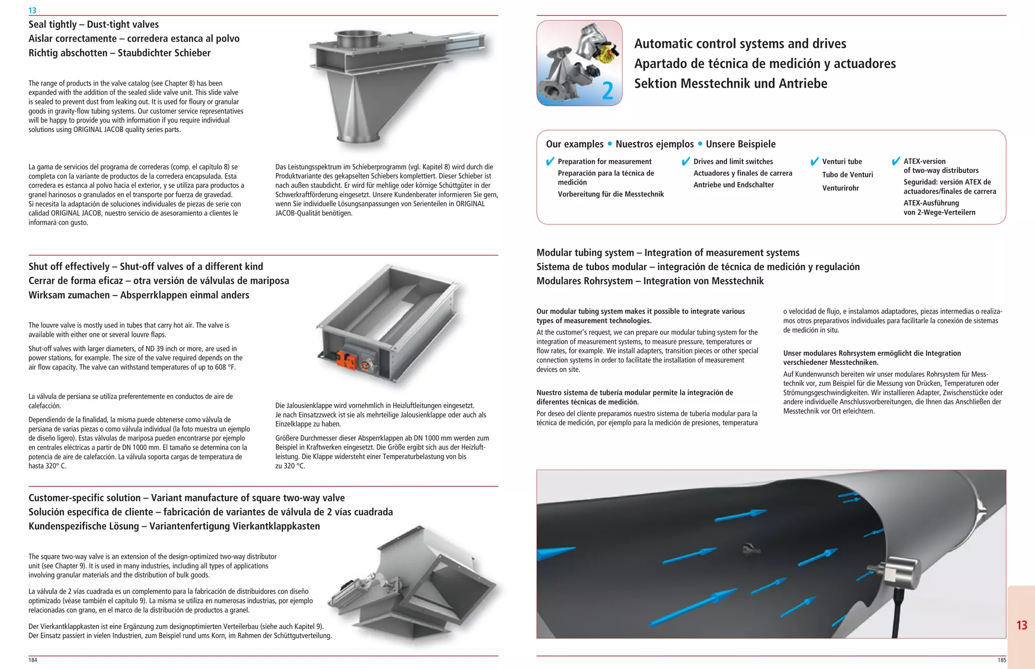 184 185
13
1313
Automatic control systems and drives
Apartado de técnica de medición y actuadores
Sektion Messtechnik und Antriebe
The square two­way valve is an extension of the design­optimized two­way distributor
unit (see Chapter 9). It is used in many industries, including all types of applications
involving granular materials and the distribution of bulk goods.
La válvula de 2 vías cuadrada es un complemento para la fabricación de distribuidores con diseño
optimizado (véase también el capítulo 9). La misma se utiliza en numerosas industrias, por ejemplo
relacionadas con grano, en el marco de la distribución de productos a granel.
Der Vierkantklappkasten ist eine Ergänzung zum designoptimierten Verteilerbau (siehe auch Kapitel 9).
Der Einsatz passiert in vielen Industrien, zum Beispiel rund ums Korn, im Rahmen der Schüttgutverteilung.
Customer-specific solution – Variant manufacture of square two-way valve
Solución específica de cliente – fabricación de variantes de válvula de 2 vías cuadrada
Kundenspezifische Lösung – Variantenfertigung Vierkantklappkasten
✔ Preparation for measurement
Preparación para la técnica de
medición
Vorbereitung für die Messtechnik
✔ Drives and limit switches
Actuadores y finales de carrera
Antriebe und Endschalter
✔ Venturi tube
Tubo de Venturi
Venturirohr
✔ ATEX-version
of two-way distributors
Seguridad: versión ATEX de
actuadores/finales de carrera
ATEX-Ausführung
von 2-Wege-Verteilern
Our modular tubing system makes it possible to integrate various
types of measurement technologies.
At the customer’s request, we can prepare our modular tubing system for the
integration of measurement systems, to measure pressure, temperatures or
flow rates, for example. We install adapters, transition pieces or other special
connection systems in order to facilitate the installation of measurement
devices on site.
Nuestro sistema de tubería modular permite la integración de
diferentes técnicas de medición.
Por deseo del cliente preparamos nuestro sistema de tubería modular para la
técnica de medición, por ejemplo para la medición de presiones, temperatura
o velocidad de flujo, e instalamos adaptadores, piezas intermedias o realiza­
mos otros preparativos individuales para facilitarle la conexión de sistemas
de medición in situ.
Unser modulares Rohrsystem ermöglicht die Integration
verschiedener Messtechniken.
Auf Kundenwunsch bereiten wir unser modulares Rohrsystem für Mess­
technik vor, zum Beispiel für die Messung von Drücken, Temperaturen oder
Strömungsgeschwindigkeiten. Wir installieren Adapter, Zwischenstücke oder
andere individuelle Anschlussvorbereitungen, die Ihnen das Anschließen der
Messtechnik vor Ort erleichtern.
Modular tubing system – Integration of measurement systems
Sistema de tubos modular – integración de técnica de medición y regulación
Modulares Rohrsystem – Integration von Messtechnik
Shut off effectively – Shut-off valves of a different kind
Cerrar de forma eficaz – otra versión de válvulas de mariposa
Wirksam zumachen – Absperrklappen einmal anders
The louvre valve is mostly used in tubes that carry hot air. The valve is
available with either one or several louvre flaps.
Shut­off valves with larger diameters, of ND 39 inch or more, are used in
power stations, for example. The size of the valve required depends on the
air flow capacity. The valve can withstand temperatures of up to 608 °F.
La válvula de persiana se utiliza preferentemente en conductos de aire de
calefacción.
Dependiendo de la finalidad, la misma puede obtenerse como válvula de
persiana de varias piezas o como válvula individual (la foto muestra un ejemplo
de diseño ligero). Estas válvulas de mariposa pueden encontrarse por ejemplo
en centrales eléctricas a partir de DN 1000 mm. El tamaño se determina con la
potencia de aire de calefacción. La válvula soporta cargas de temperatura de
hasta 320° C.
Die Jalousienklappe wird vornehmlich in Heizluftleitungen eingesetzt.
Je nach Einsatzzweck ist sie als mehrteilige Jalousienklappe oder auch als
Einzelklappe zu haben.
Größere Durchmesser dieser Absperrklappen ab DN 1000 mm werden zum
Beispiel in Kraftwerken eingesetzt. Die Größe ergibt sich aus der Heizluft­
leistung. Die Klappe widersteht einer Temperaturbelastung von bis
zu 320 °C.
2
The range of products in the valve catalog (see Chapter 8) has been
expanded with the addition of the sealed slide valve unit. This slide valve
is sealed to prevent dust from leaking out. It is used for floury or granular
goods in gravity­flow tubing systems. Our customer service representatives
will be happy to provide you with information if you require individual
solutions using ORIGINAL JACOB quality series parts.
La gama de servicios del programa de correderas (comp. el capítulo 8) se
completa con la variante de productos de la corredera encapsulada. Esta
corredera es estanca al polvo hacia el exterior, y se utiliza para productos a
granel harinosos o granulados en el transporte por fuerza de gravedad.
Si necesita la adaptación de soluciones individuales de piezas de serie con
calidad ORIGINAL JACOB, nuestro servicio de asesoramiento a clientes le
informará con gusto.
Das Leistungsspektrum im Schieberprogramm (vgl. Kapitel 8) wird durch die
Produktvariante des gekapselten Schiebers komplettiert. Dieser Schieber ist
nach außen staubdicht. Er wird für mehlige oder körnige Schüttgüter in der
Schwerkraftförderung eingesetzt. Unsere Kundenberater informieren Sie gern,
wenn Sie individuelle Lösungsanpassungen von Serienteilen in ORIGINAL
JACOB­Qualität benötigen.
Seal tightly – Dust-tight valves
Aislar correctamente – corredera estanca al polvo
Richtig abschotten – Staubdichter Schieber
Our examples ț Nuestros ejemplos ț Unsere Beispiele
 
