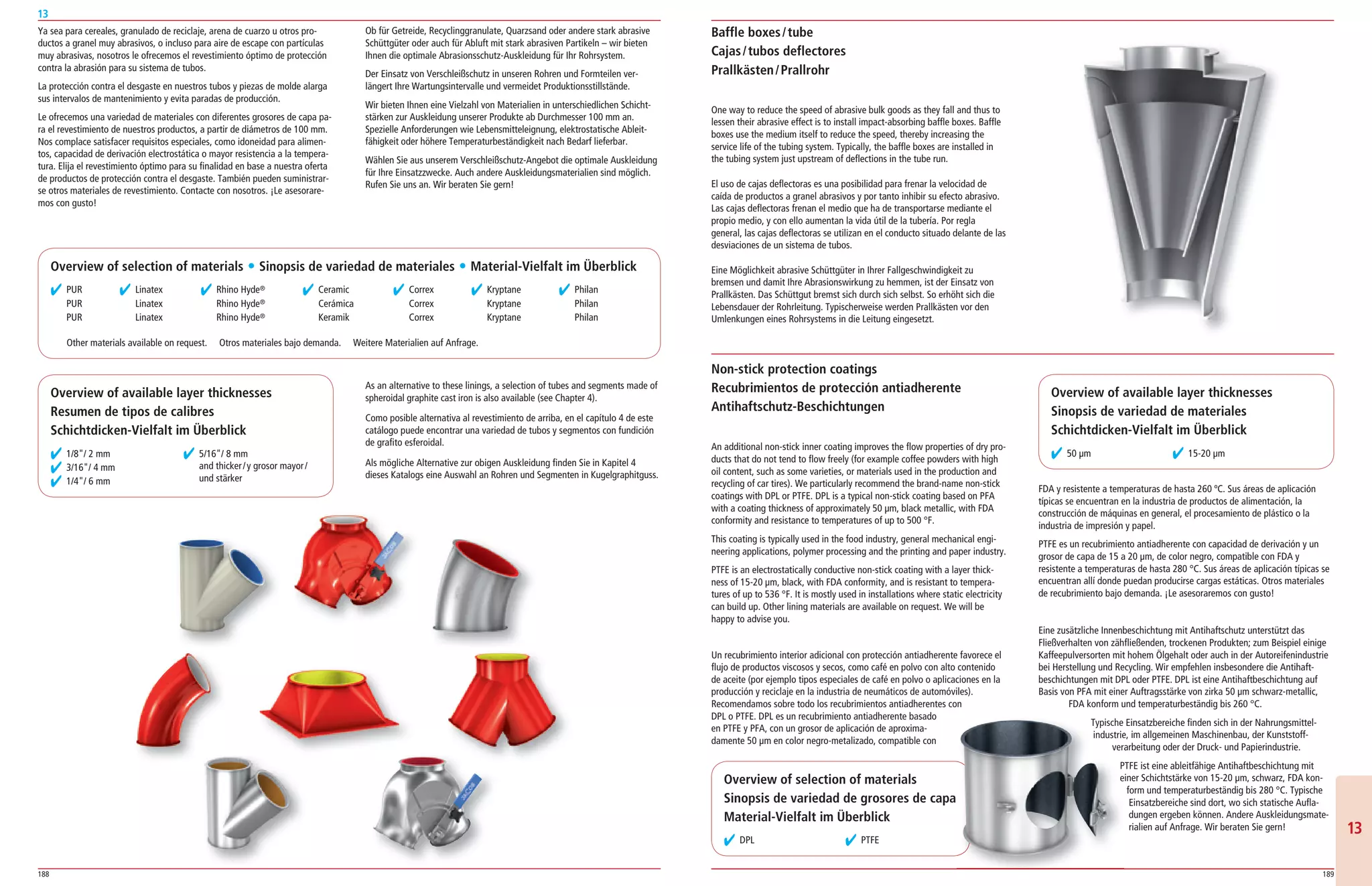 188 189
13
1313
FDA y resistente a temperaturas de hasta 260 ºC. Sus áreas de aplicación
típicas se encuentran en la industria de productos de alimentación, la
construcción de máquinas en general, el procesamiento de plástico o la
industria de impresión y papel.
PTFE es un recubrimiento antiadherente con capacidad de derivación y un
grosor de capa de 15 a 20 μm, de color negro, compatible con FDA y
resistente a temperaturas de hasta 280 °C. Sus áreas de aplicación típicas se
encuentran allí donde puedan producirse cargas estáticas. Otros materiales
de recubrimiento bajo demanda. ¡Le asesoraremos con gusto!
Eine zusätzliche Innenbeschichtung mit Antihaftschutz unterstützt das
Fließverhalten von zähfließenden, trockenen Produkten; zum Beispiel einige
Kaffeepulversorten mit hohem Ölgehalt oder auch in der Autoreifenindustrie
bei Herstellung und Recycling. Wir empfehlen insbesondere die Antihaft­
beschichtungen mit DPL oder PTFE. DPL ist eine Antihaftbeschichtung auf
Basis von PFA mit einer Auftragsstärke von zirka 50 μm schwarz­metallic,
FDA konform und temperaturbeständig bis 260 °C.
Typische Einsatzbereiche finden sich in der Nahrungsmittel­
industrie, im allgemeinen Maschinenbau, der Kunststoff­
verarbeitung oder der Druck­ und Papierindustrie.
PTFE ist eine ableitfähige Antihaftbeschichtung mit
einer Schichtstärke von 15­20 μm, schwarz, FDA kon­
form und temperaturbeständig bis 280 °C. Typische
Einsatzbereiche sind dort, wo sich statische Aufla­
dungen ergeben können. Andere Auskleidungsmate­
rialien auf Anfrage. Wir beraten Sie gern!
One way to reduce the speed of abrasive bulk goods as they fall and thus to
lessen their abrasive effect is to install impact­absorbing baffle boxes. Baffle
boxes use the medium itself to reduce the speed, thereby increasing the
service life of the tubing system. Typically, the baffle boxes are installed in
the tubing system just upstream of deflections in the tube run.
El uso de cajas deflectoras es una posibilidad para frenar la velocidad de
caída de productos a granel abrasivos y por tanto inhibir su efecto abrasivo.
Las cajas deflectoras frenan el medio que ha de transportarse mediante el
propio medio, y con ello aumentan la vida útil de la tubería. Por regla
general, las cajas deflectoras se utilizan en el conducto situado delante de las
desviaciones de un sistema de tubos.
Eine Möglichkeit abrasive Schüttgüter in Ihrer Fallgeschwindigkeit zu
bremsen und damit Ihre Abrasionswirkung zu hemmen, ist der Einsatz von
Prallkästen. Das Schüttgut bremst sich durch sich selbst. So erhöht sich die
Lebensdauer der Rohrleitung. Typischerweise werden Prallkästen vor den
Umlenkungen eines Rohrsystems in die Leitung eingesetzt.
Ya sea para cereales, granulado de reciclaje, arena de cuarzo u otros pro­
ductos a granel muy abrasivos, o incluso para aire de escape con partículas
muy abrasivas, nosotros le ofrecemos el revestimiento óptimo de protección
contra la abrasión para su sistema de tubos.
La protección contra el desgaste en nuestros tubos y piezas de molde alarga
sus intervalos de mantenimiento y evita paradas de producción.
Le ofrecemos una variedad de materiales con diferentes grosores de capa pa­
ra el revestimiento de nuestros productos, a partir de diámetros de 100 mm.
Nos complace satisfacer requisitos especiales, como idoneidad para alimen­
tos, capacidad de derivación electrostática o mayor resistencia a la tempera­
tura. Elija el revestimiento óptimo para su finalidad en base a nuestra oferta
de productos de protección contra el desgaste. También pueden suministrar­
se otros materiales de revestimiento. Contacte con nosotros. ¡Le asesorare­
mos con gusto!
Ob für Getreide, Recyclinggranulate, Quarzsand oder andere stark abrasive
Schüttgüter oder auch für Abluft mit stark abrasiven Partikeln – wir bieten
Ihnen die optimale Abrasionsschutz­Auskleidung für Ihr Rohrsystem.
Der Einsatz von Verschleißschutz in unseren Rohren und Formteilen ver­
längert Ihre Wartungsintervalle und vermeidet Produktionsstillstände.
Wir bieten Ihnen eine Vielzahl von Materialien in unterschiedlichen Schicht­
stärken zur Auskleidung unserer Produkte ab Durchmesser 100 mm an.
Spezielle Anforderungen wie Lebensmitteleignung, elektrostatische Ableit­
fähigkeit oder höhere Temperaturbeständigkeit nach Bedarf lieferbar.
Wählen Sie aus unserem Verschleißschutz­Angebot die optimale Auskleidung
für Ihre Einsatzzwecke. Auch andere Auskleidungsmaterialien sind möglich.
Rufen Sie uns an. Wir beraten Sie gern!
Overview of available layer thicknesses
Sinopsis de variedad de materiales
Schichtdicken-Vielfalt im Überblick
✔ 50 μm ✔ 15­20 μm
Overview of selection of materials ț Sinopsis de variedad de materiales ț Material-Vielfalt im Überblick
Overview of available layer thicknesses
Resumen de tipos de calibres
Schichtdicken-Vielfalt im Überblick
✔ PUR
PUR
PUR
✔ 1/8/ 2 mm
✔ 3/16/ 4 mm
✔ 1/4/ 6 mm
✔ Linatex
Linatex
Linatex
✔ Rhino Hyde®
Rhino Hyde®
Rhino Hyde®
✔ 5/16/ 8 mm
and thicker/y grosor mayor/
und stärker
✔ Ceramic
Cerámica
Keramik
✔ Correx
Correx
Correx
✔ Kryptane
Kryptane
Kryptane
✔ Philan
Philan
Philan
Other materials available on request. Otros materiales bajo demanda. Weitere Materialien auf Anfrage.
As an alternative to these linings, a selection of tubes and segments made of
spheroidal graphite cast iron is also available (see Chapter 4).
Como posible alternativa al revestimiento de arriba, en el capítulo 4 de este
catálogo puede encontrar una variedad de tubos y segmentos con fundición
de grafito esferoidal.
Als mögliche Alternative zur obigen Auskleidung finden Sie in Kapitel 4
dieses Katalogs eine Auswahl an Rohren und Segmenten in Kugelgraphitguss.
Baffle boxes/tube
Cajas/tubos deflectores
Prallkästen/Prallrohr
Non-stick protection coatings
Recubrimientos de protección antiadherente
Antihaftschutz-Beschichtungen
An additional non­stick inner coating improves the flow properties of dry pro­
ducts that do not tend to flow freely (for example coffee powders with high
oil content, such as some varieties, or materials used in the production and
recycling of car tires). We particularly recommend the brand­name non­stick
coatings with DPL or PTFE. DPL is a typical non­stick coating based on PFA
with a coating thickness of approximately 50 μm, black metallic, with FDA
conformity and resistance to temperatures of up to 500 °F.
This coating is typically used in the food industry, general mechanical engi­
neering applications, polymer processing and the printing and paper industry.
PTFE is an electrostatically conductive non­stick coating with a layer thick­
ness of 15­20 μm, black, with FDA conformity, and is resistant to tempera­
tures of up to 536 °F. It is mostly used in installations where static electricity
can build up. Other lining materials are available on request. We will be
happy to advise you.
Un recubrimiento interior adicional con protección antiadherente favorece el
flujo de productos viscosos y secos, como café en polvo con alto contenido
de aceite (por ejemplo tipos especiales de café en polvo o aplicaciones en la
producción y reciclaje en la industria de neumáticos de automóviles).
Recomendamos sobre todo los recubrimientos antiadherentes con
DPL o PTFE. DPL es un recubrimiento antiadherente basado
en PTFE y PFA, con un grosor de aplicación de aproxima­
damente 50 μm en color negro­metalizado, compatible con
✔ DPL ✔ PTFE
Overview of selection of materials
Sinopsis de variedad de grosores de capa
Material-Vielfalt im Überblick
Typische Einsatzbereiche finden sich in der Nahrungsmittel­
industrie, im allgemeinen Maschinenbau, der Kunststoff­
verarbeitung oder der Druck­ und Papierindustrie.
PTFE ist eine ableitfähige Antihaftbeschichtung mit
einer Schichtstärke von 15­20 μm, schwarz, FDA kon­
 