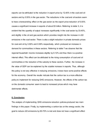 19
exports can be attributed to the reduction in export price by 12.40% in the coal and oil
sectors and by 0.55% in the gas sector. The reductions in the coal and oil sectors seem
to have a transcending effect on the gas sector as the export price reduction of 0.55%
causes a significant increase in exports of about $3 billion. Referring to table 5, it is
evident that the quantity of output increases significantly in the coal sector by 33.45%,
and slightly in the oil and gas sectors which provides insight into the increase in c02
emissions in the coal sector. There is also a slight reduction in private domestic prices
for coal and oil by 3.56% and 0.58% respectively, which produced an increase in
demand for commodities in these sectors. Referring to table 7 we observe that the
regional household income increases slightly by 0.12% and thus there is a positive
internal effect. This effect can be attributed to the rising consumption of coal and oil
commodities or the reduction of the subsidy to these sectors. Further, the increase in
the value of GDP can be explained by the sizable increase in exports. Thus, although
this policy is not very effective in reducing emissions, it does have some positive effects
for the economy. Overall the results indicate that the carbon tax is a more effective
policy to implement for reducing GHG emissions. However, the effects of the carbon tax
on the domestic consumer seem to lead to increased prices which may have
detrimental effects.
6. Conclusion
The analysis of implementing GHG emissions reduction policies produced two main
findings in this paper. Firstly, by implementing a carbon tax on the energy sector, the
goal to reduce c02 emissions by 60-70% is met and does not have a significant effect
 