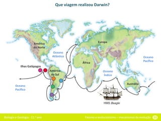 Biologia e Geologia - 11.o ano Fixismo e evolucionismo – mecanismos da evolução 55
Ilhas Galápagos
África
Europa
Austrália
América
do Norte
América
do Sul
Oceano
Pacífico
Oceano
Atlântico
Oceano
Índico
Oceano
Pacífico
Que viagem realizou Darwin?
 