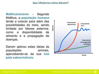 Biologia e Geologia - 11.o ano Fixismo e evolucionismo – mecanismos da evolução 55
Que influências sofreu Darwin?
Malthusianismo - Segundo
Malthus, a população humana
tende a crescer para além das
possibilidades do meio, sendo
limitada por fatores externos,
como a disponibilidade de
alimento e a propagação de
doenças.
Darwin aplicou estas ideias às
populações animais,
apercebendo-se da sua luta
pela sobrevivência.
Crescimento
exponencial
Crescimento
em progressão
aritmética
Crescimento
em S
Tempo
Número
 