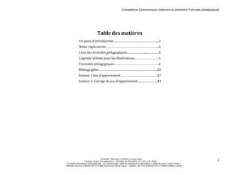 Compétence Communiquer oralement au primaire ♦ Formules pédagogiques 
Animation : Monique Le Pailleur et Janie Caza 
Français, langue d'enseignement – Ministère de l’Éducation, du Loisir et du Sport 
Formation disciplinaire suprarégionale - La communication orale au primaire et au secondaire « Arrête de parler, on fait d'l'oral » 
Montréal, les 9 et 10 février 2011 à l'Hôtel Gouverneur Place Dupuis – Québec, les 17 et 18 février 2011 à l’Hôtel Château Laurier 
2 
Table 
des 
matières 
En 
guise 
d’introduction……………………………………………..3 
Notes 
explicatives……………………………………………………..4 
Liste 
des 
formules 
pédagogiques…………………...…………..5 
Légende 
utilisée 
pour 
les 
illustrations………………………..5 
Formules 
pédagogiques…………………………………………….6 
Bibliographie 
…………………………………………………………..35 
Annexe 
1-­‐Jeu 
d’appariement…………………………………….37 
Annexe 
2-­‐ 
Corrigé 
du 
jeu 
d’appariement…………………...44 
 