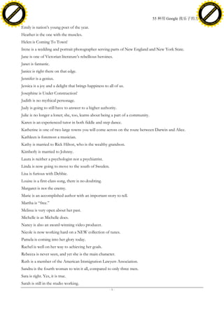 h a n g e Vi                                                                                                                             h a n g e Vi
          XC                 e                                                                                                                     XC                 e
     F-                          w                                                                                                            F-                          w
PD




                                                                                                                                         PD
                                 er




                                                                                                                                                                          er
                           !




                                                                                                                                                                    !
                         W




                                                                                                                                                                  W
                        O




                                                                                                                                                                 O
                      N




                                                                                                                                                               N
                    y




                                                                                                                                                             y
                 bu




                                                                                                                                                          bu
               to




                                                                                                                                                        to
                                                                                                                       55 种用 Google 找乐子的方法
          k




                                                                                                                                                   k
         lic




                                                                                                                                                  lic
     C




                                                                                                                                              C
w




                                                                                                                                         w
                                 m




                                                                                                                                                                          m
     w                                                                                                                                        w
w




                                                                                                                                         w
                                o




                                                                                                                                                                         o
         .d o                   .c                                                                                                                .d o                   .c
                c u -tr a c k                                                                                                                            c u -tr a c k

                                     Emily is nation’s young poet of the year.
                                     Heather is the one with the muscles.
                                     Helen is Coming To Town!
                                     Irene is a wedding and portrait photographer serving parts of New England and New York State.
                                     Jane is one of Victorian literature’s rebellious heroines.
                                     Janet is fantastic.
                                     Janice is right there on that edge.
                                     Jennifer is a genius.
                                     Jessica is a joy and a delight that brings happiness to all of us.
                                     Josephine is Under Construction!
                                     Judith is no mythical personage.
                                     Judy is going to still have to answer to a higher authority.
                                     Julie is no longer a loner; she, too, learns about being a part of a community.
                                     Karen is an experienced tutor in both fiddle and step dance.
                                     Katherine is one of two large towns you will come across on the route between Darwin and Alice.
                                     Kathleen is foremost a musician.
                                     Kathy is married to Rick Hilton, who is the wealthy grandson.
                                     Kimberly is married to Johnny.
                                     Laura is neither a psychologist nor a psychiatrist.
                                     Linda is now going to move to the south of Sweden.
                                     Lisa is furious with Debbie.
                                     Louise is a first-class song, there is no doubting.
                                     Margaret is not the enemy.
                                     Marie is an accomplished author with an important story to tell.
                                     Martha is ―free.‖
                                     Melissa is very open about her past.
                                     Michelle is as Michelle does.
                                     Nancy is also an award-winning video producer.
                                     Nicole is now working hard on a NEW collection of tunes.
                                     Pamela is coming into her glory today.
                                     Rachel is well on her way to achieving her goals.
                                     Rebecca is never seen, and yet she is the main character.
                                     Ruth is a member of the American Immigration Lawyers Association.
                                     Sandra is the fourth woman to win it all, compared to only three men.
                                     Sara is right. Yes, it is true.
                                     Sarah is still in the studio working.
                                                                                             -5-
 