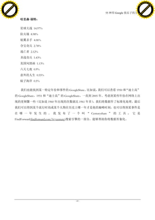 h a n g e Vi                                                                                          h a n g e Vi
          XC                 e                                                                                  XC                 e
     F-                          w                                                                         F-                          w
PD




                                                                                                      PD
                                 er




                                                                                                                                       er
                           !




                                                                                                                                 !
                         W




                                                                                                                               W
                        O




                                                                                                                              O
                      N




                                                                                                                            N
                    y




                                                                                                                          y
                 bu




                                                                                                                       bu
               to




                                                                                                                     to
                                                                                    55 种用 Google 找乐子的方法
          k




                                                                                                                k
         lic




                                                                                                               lic
     C




                                                                                                           C
w




                                                                                                      w
                                 m




                                                                                                                                       m
     w                                                                                                     w
w




                                                                                                      w
                                o




                                                                                                                                      o
         .d o                   .c                                                                             .d o                   .c
                c u -tr a c k                                                                                         c u -tr a c k

                                       哈里森·
                                          福特：

                                       星球大战 14.97%
                                       防火墙 8.98%
                                       银翼杀手 4.06%
                                       夺宝奇兵 2.78%
                                       逃亡者 2.12%
                                       圣战奇兵 1.43%
                                       美国风情画 1.13%
                                       六天七夜 0.9%
                                       意外的人生 0.55%
                                       蚊子海岸 0.5%

                                        我们也能找到某一特定年份和事件的 GoogleShare。比如说，我们可以查看 1950 和“迪士高”
                                     的 GoogleShare，1951 和“迪士高”的 GoogleShare，一直到 2005 年。考虑到某些年份在网络上出
                                     现的更频繁一些（比如说 1960 年出现的次数就比 1961 年多），我们将数据作了标准化处理。最后
                                     我们可以得到某个流行时尚或某个人物在历史上哪一年才是他的巅峰时刻，也可以得到某事件是
                                     在 哪 一 年 发 生 的 。 我 发 布 了 一 个 叫 “ Centuryshare ” 的 工 具 ， 它 是
                                     FindForward(findforward.com/?t=century)搜索引擎的一部分，能够帮助你将数据形象化。




                                                                     - 69 -
 