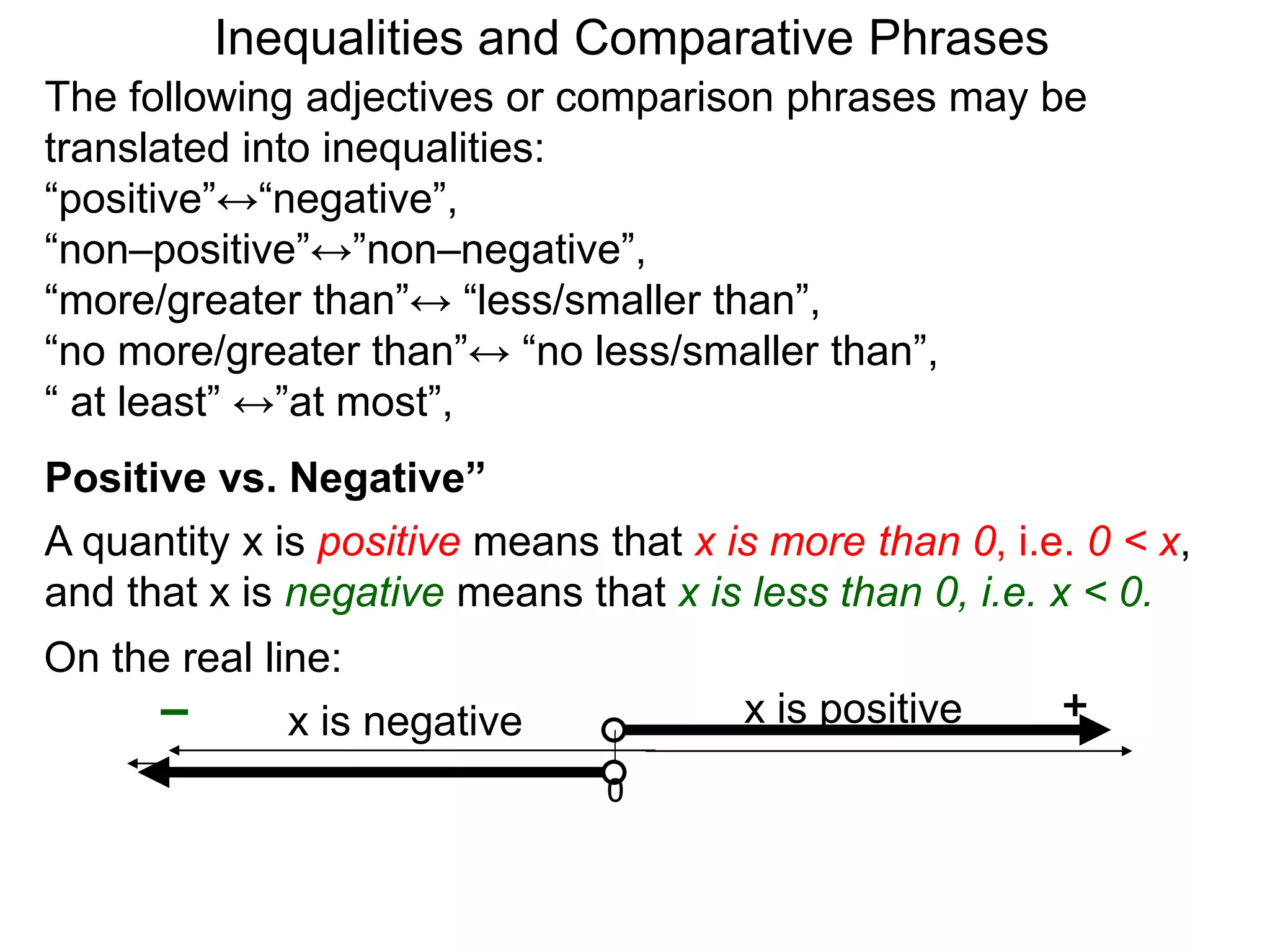 The following adjectives or comparison phrases may be
translated into inequalities:
“positive”↔“negative”,
“non–positive”↔”non–negative”,
“more/greater than”↔ “less/smaller than”,
“no more/greater than”↔ “no less/smaller than”,
“ at least” ↔”at most”,
A quantity x is positive means that x is more than 0, i.e. 0 < x,
and that x is negative means that x is less than 0, i.e. x < 0.
0
+– x is negative x is positive
Positive vs. Negative”
On the real line:
Inequalities and Comparative Phrases
 