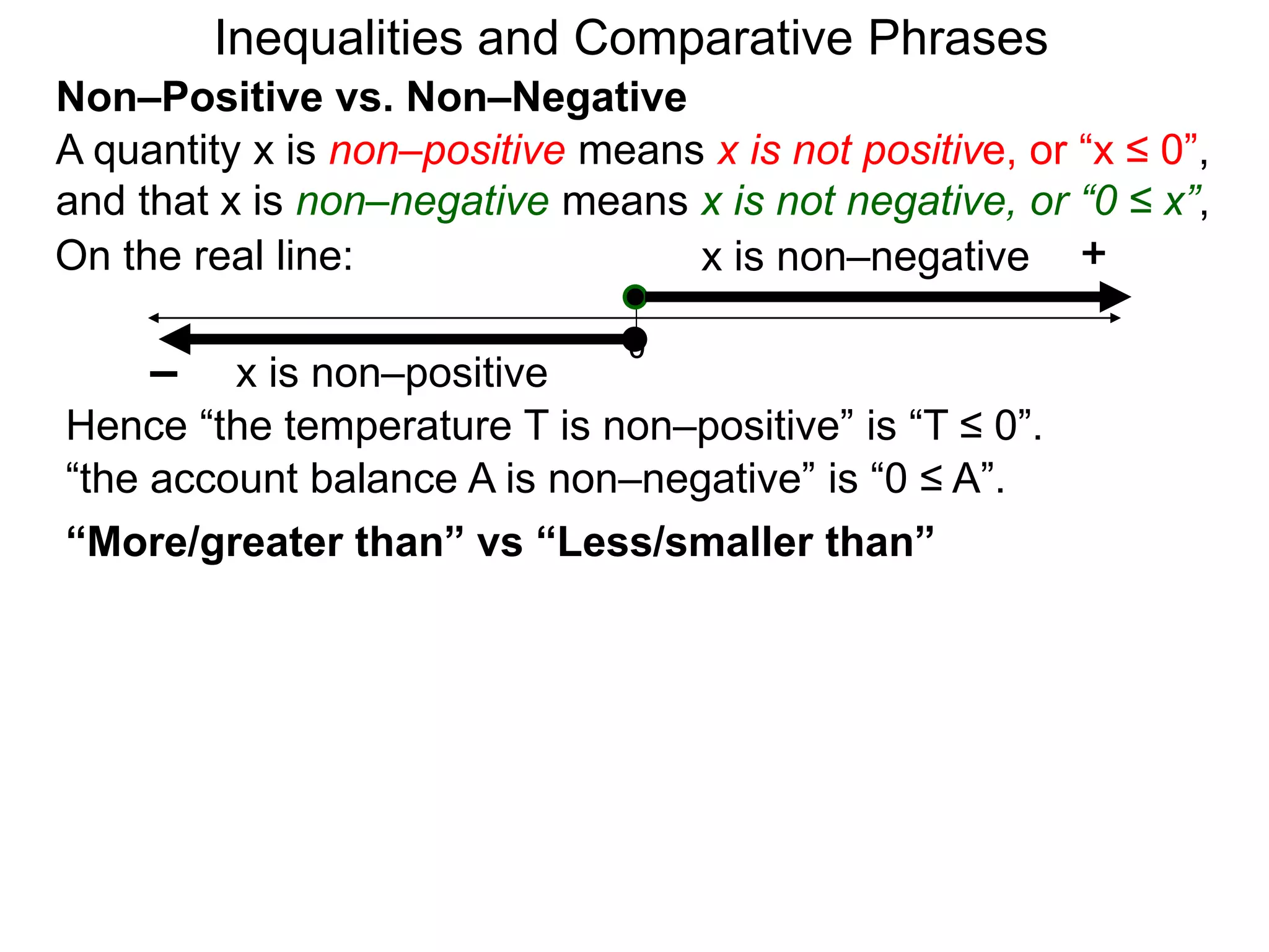 A quantity x is non–positive means x is not positive, or “x ≤ 0”,
and that x is non–negative means x is not negative, or “0 ≤ x”,
0
+
– x is non–positive
x is non–negative
Hence “the temperature T is non–positive” is “T ≤ 0”.
“the account balance A is non–negative” is “0 ≤ A”.
Non–Positive vs. Non–Negative
On the real line:
“More/greater than” vs “Less/smaller than”
Inequalities and Comparative Phrases
 