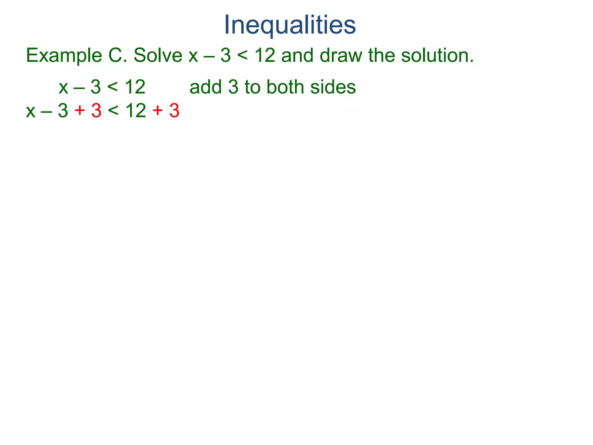Example C. Solve x – 3 < 12 and draw the solution.
x – 3 < 12 add 3 to both sides
x – 3 + 3 < 12 + 3
Inequalities
 
