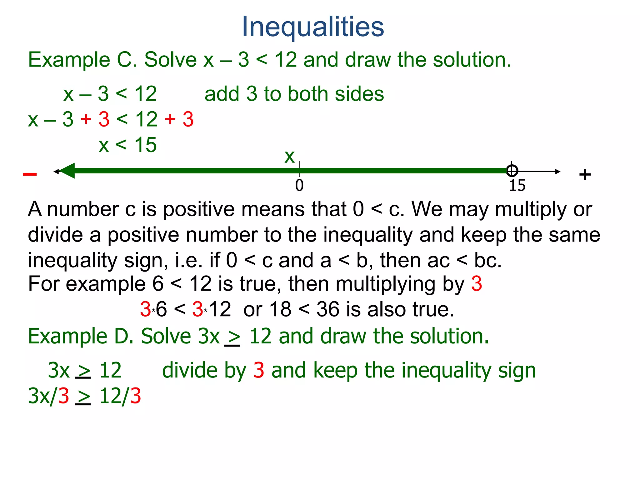 Example C. Solve x – 3 < 12 and draw the solution.
x – 3 < 12 add 3 to both sides
x – 3 + 3 < 12 + 3
x < 15
0 15
+–
Inequalities
x
A number c is positive means that 0 < c. We may multiply or
divide a positive number to the inequality and keep the same
inequality sign, i.e. if 0 < c and a < b, then ac < bc.
Example D. Solve 3x > 12 and draw the solution.
3x > 12 divide by 3 and keep the inequality sign
3x/3 > 12/3
For example 6 < 12 is true, then multiplying by 3
3*6 < 3*12 or 18 < 36 is also true.
 