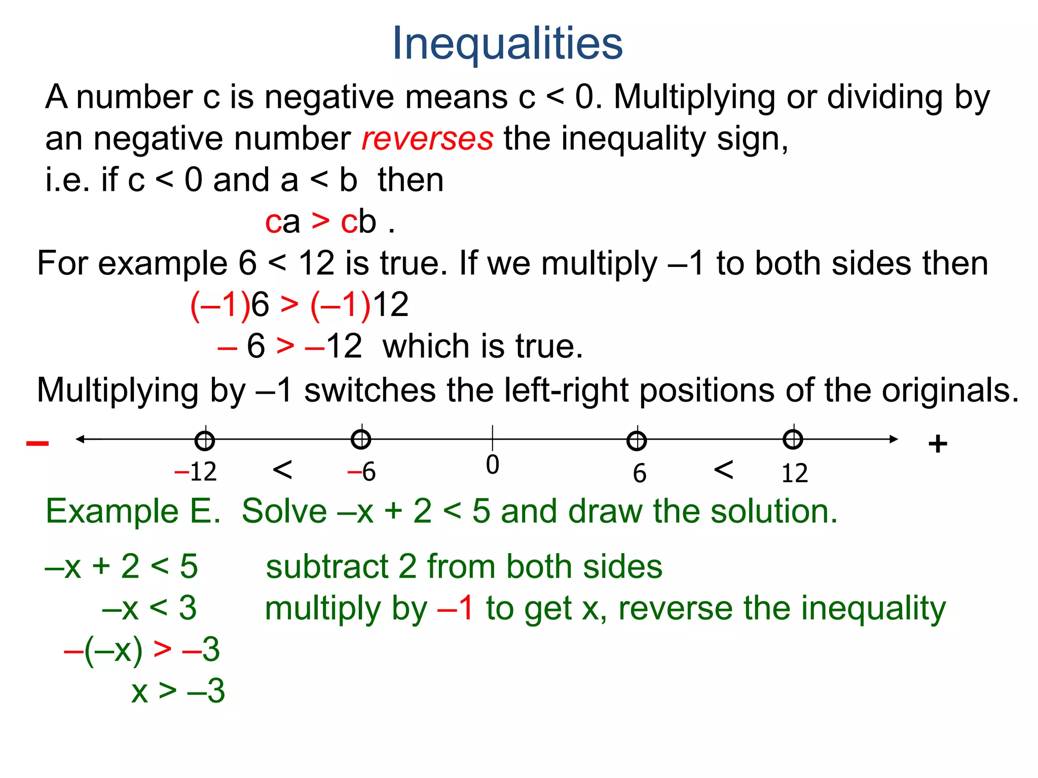 A number c is negative means c < 0. Multiplying or dividing by
an negative number reverses the inequality sign,
i.e. if c < 0 and a < b then
ca > cb .
Example E. Solve –x + 2 < 5 and draw the solution.
–x + 2 < 5 subtract 2 from both sides
–x < 3 multiply by –1 to get x, reverse the inequality
–(–x) > –3
x > –3
Inequalities
60
+–
12–6–12 <<
For example 6 < 12 is true. If we multiply –1 to both sides then
(–1)6 > (–1)12
– 6 > –12 which is true.
Multiplying by –1 switches the left-right positions of the originals.
 